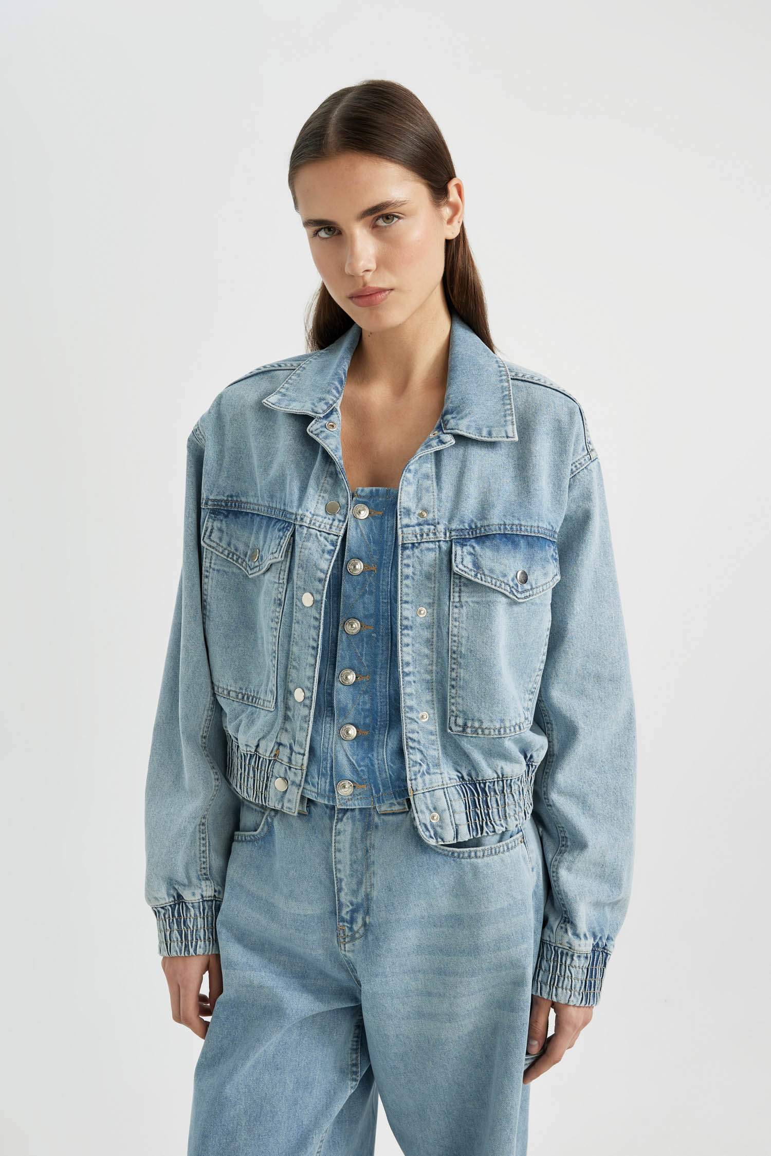 Polo Collar Denim Bomber Jacket