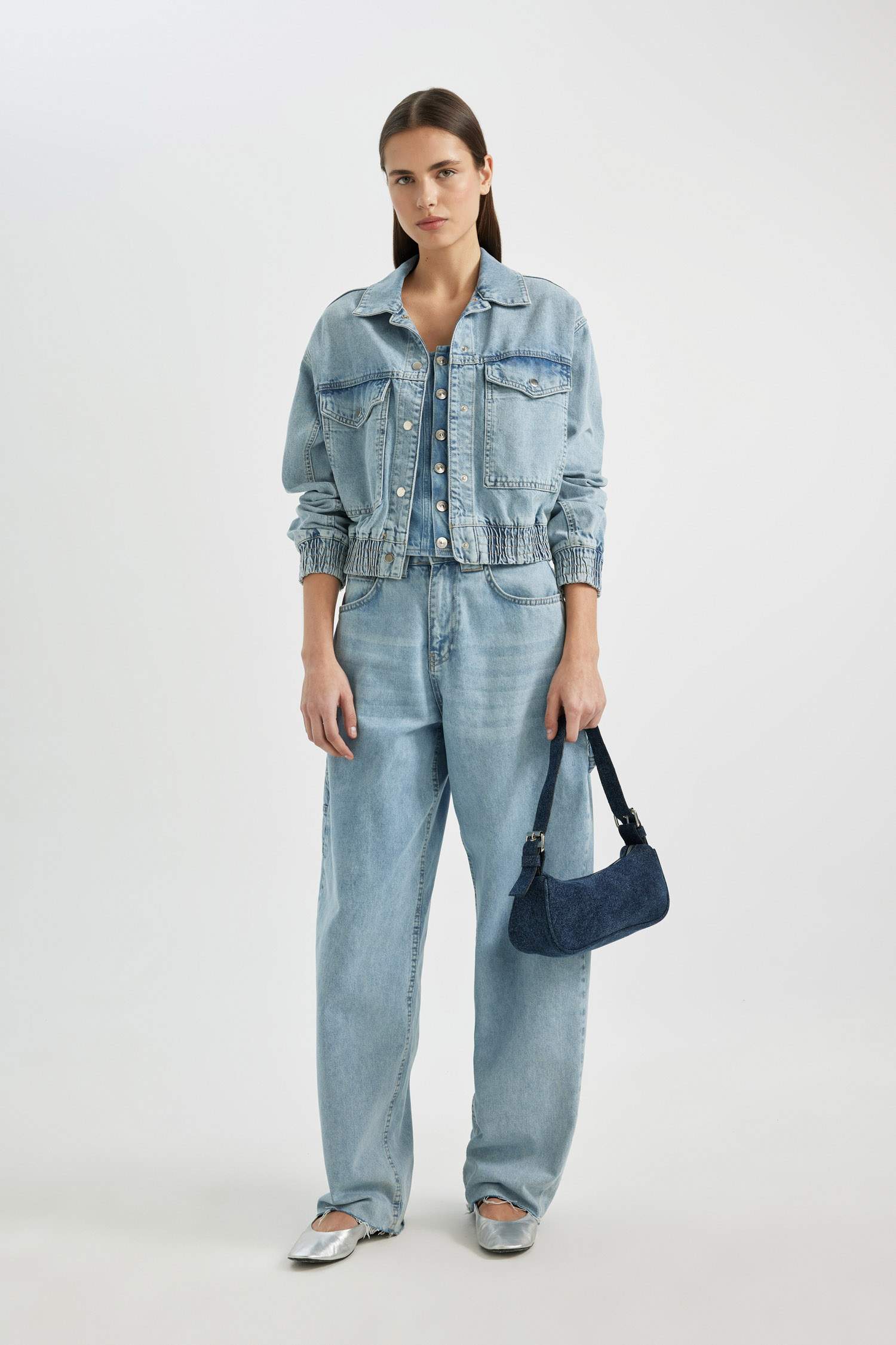 Polo Collar Denim Bomber Jacket