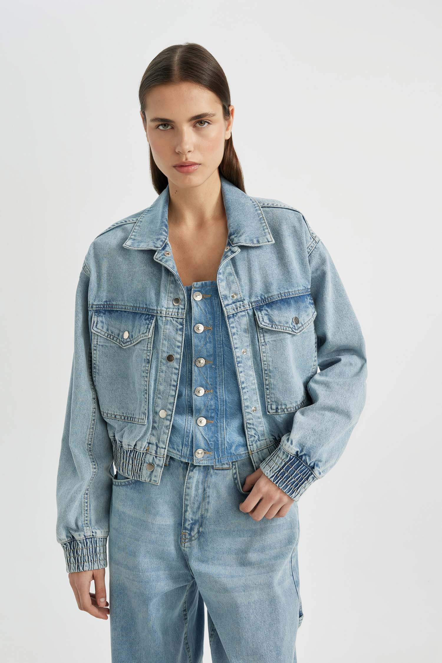 Polo Collar Denim Bomber Jacket