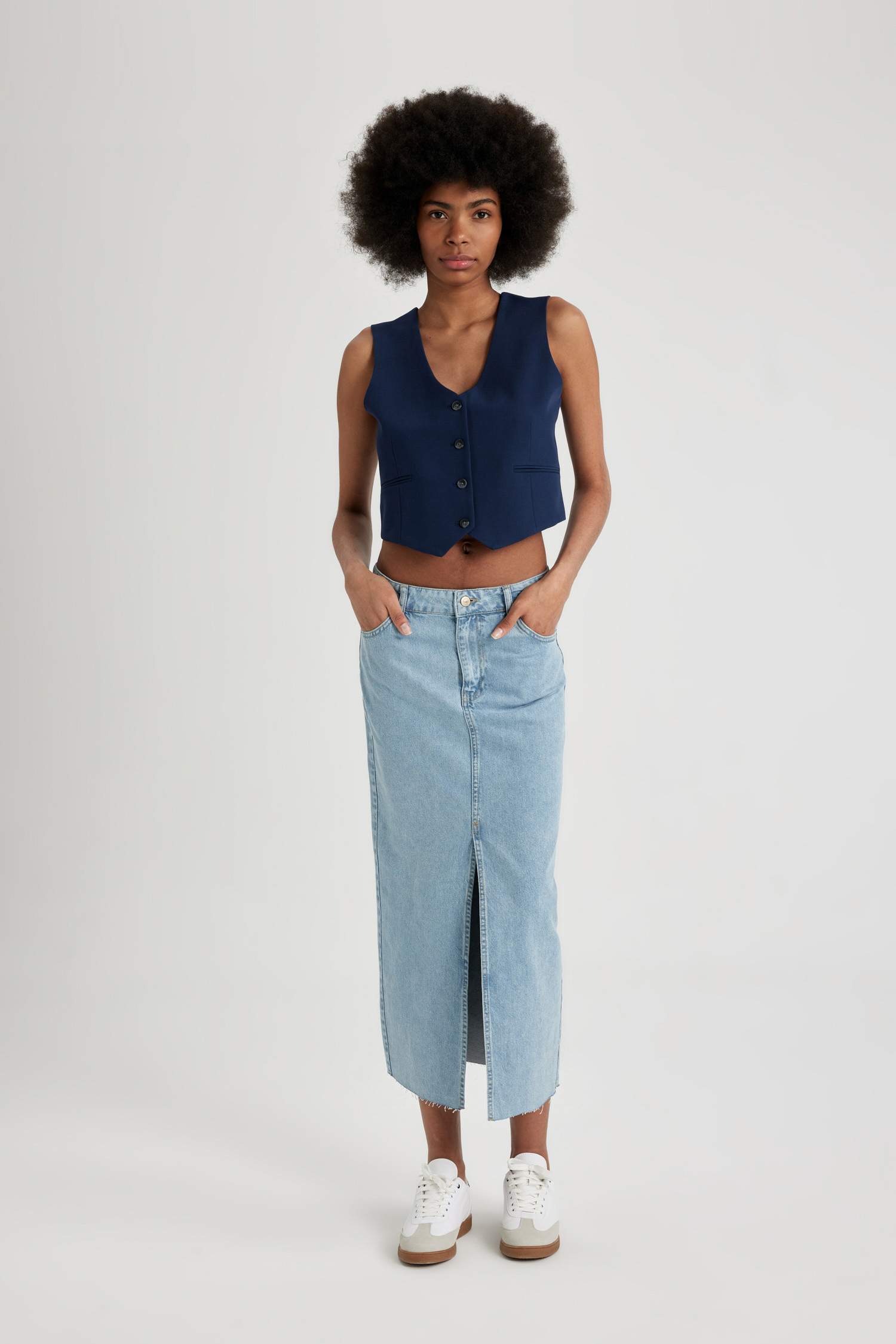 Long Fit Slit Maxi Denim Skirt