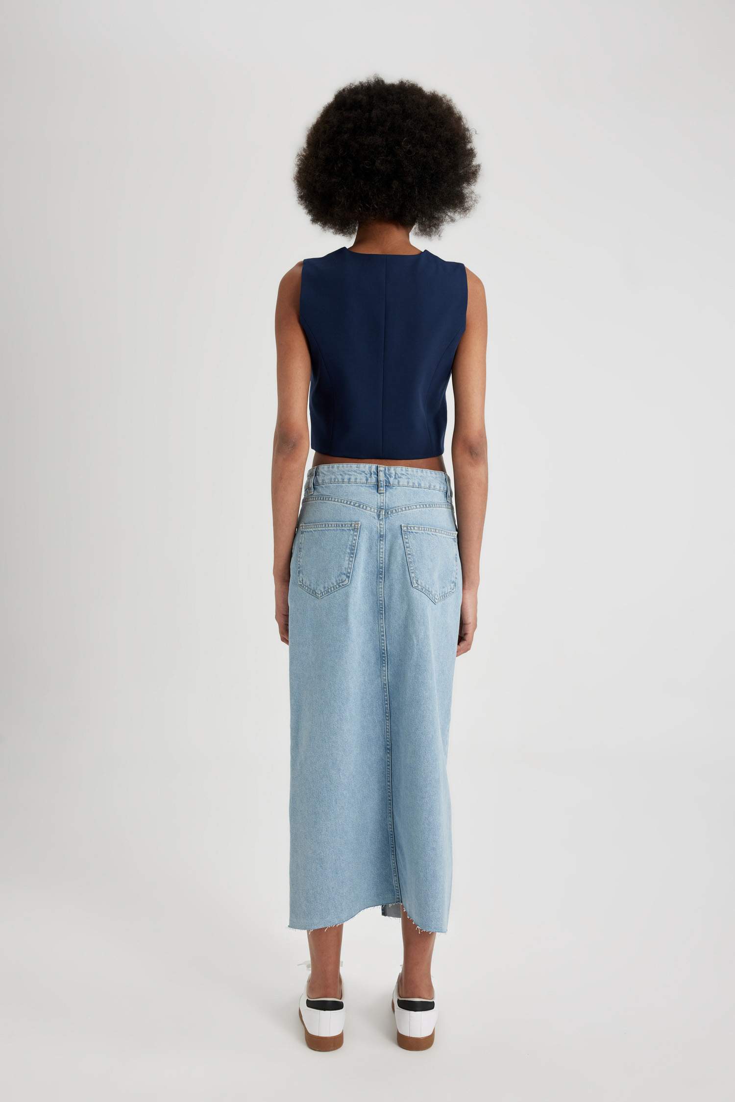 Long Fit Slit Maxi Denim Skirt