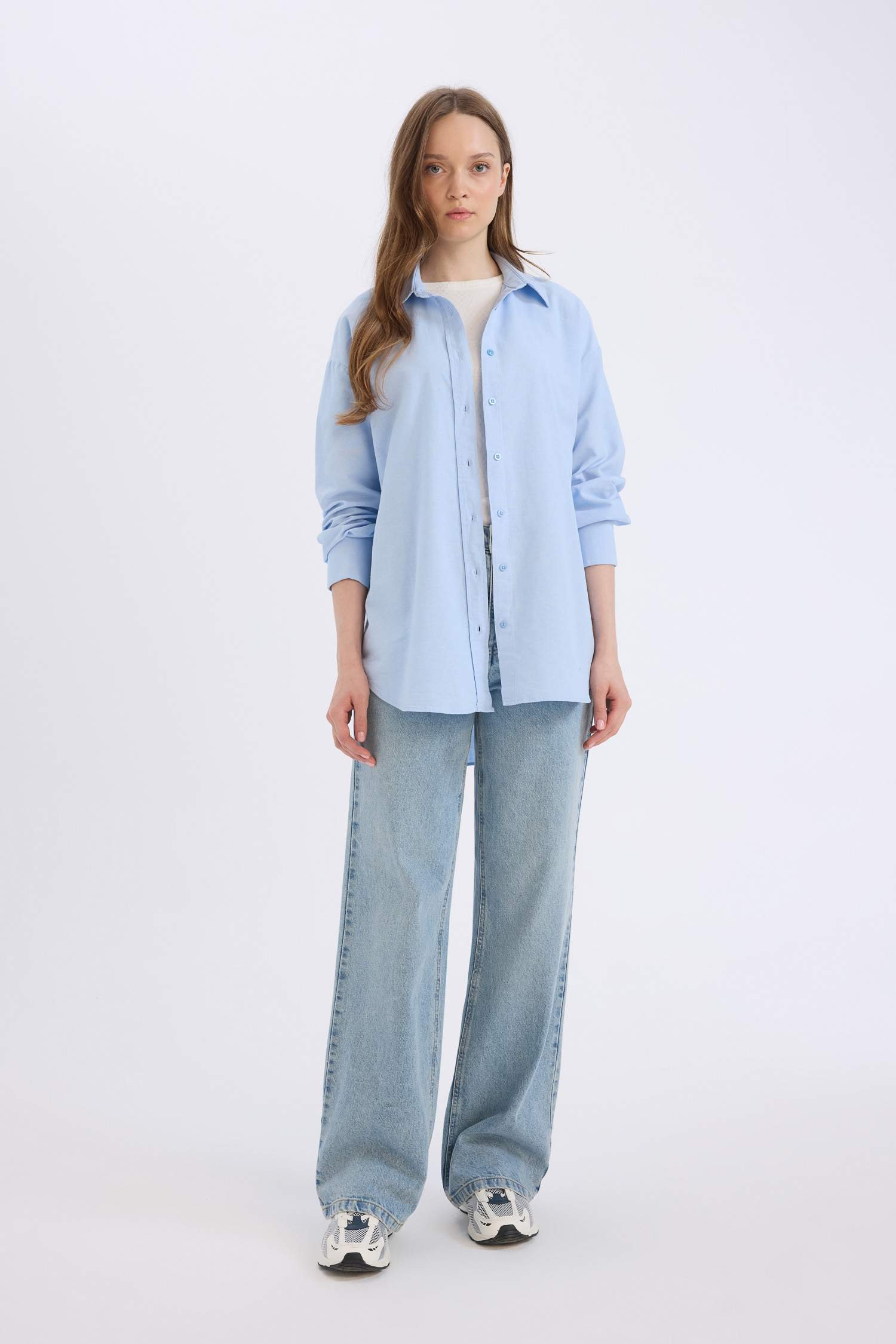 Relax Fit Basic Düz  Oxford Uzun Kollu Tesettür Gömlek Tunik