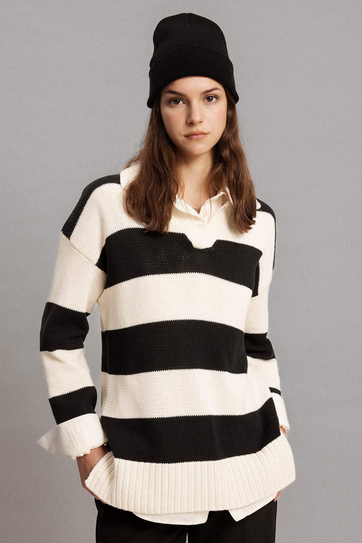Regular Fit Polo Collar Striped Knitted Pullover Tunic