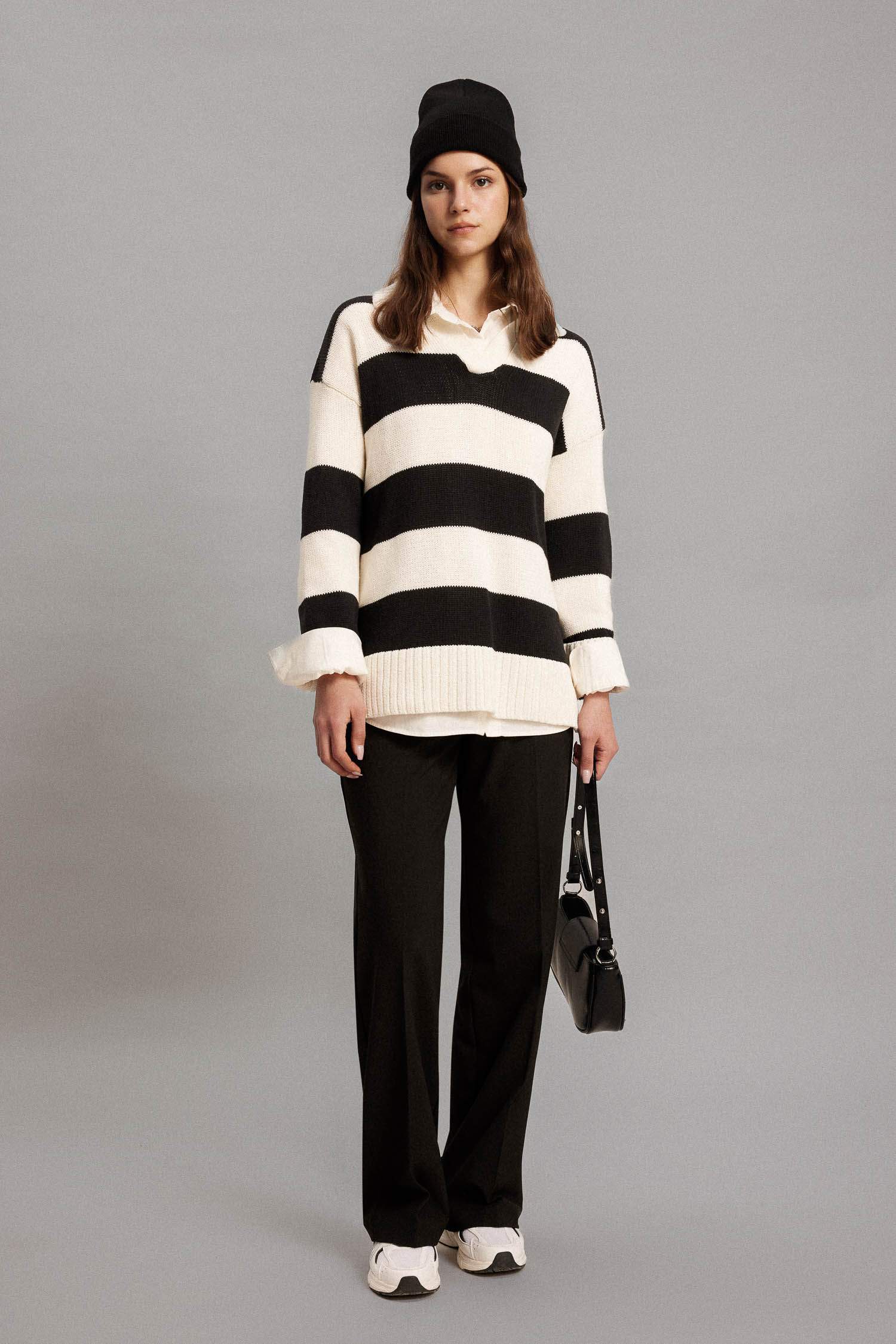 Regular Fit Polo Collar Striped Knitted Pullover Tunic
