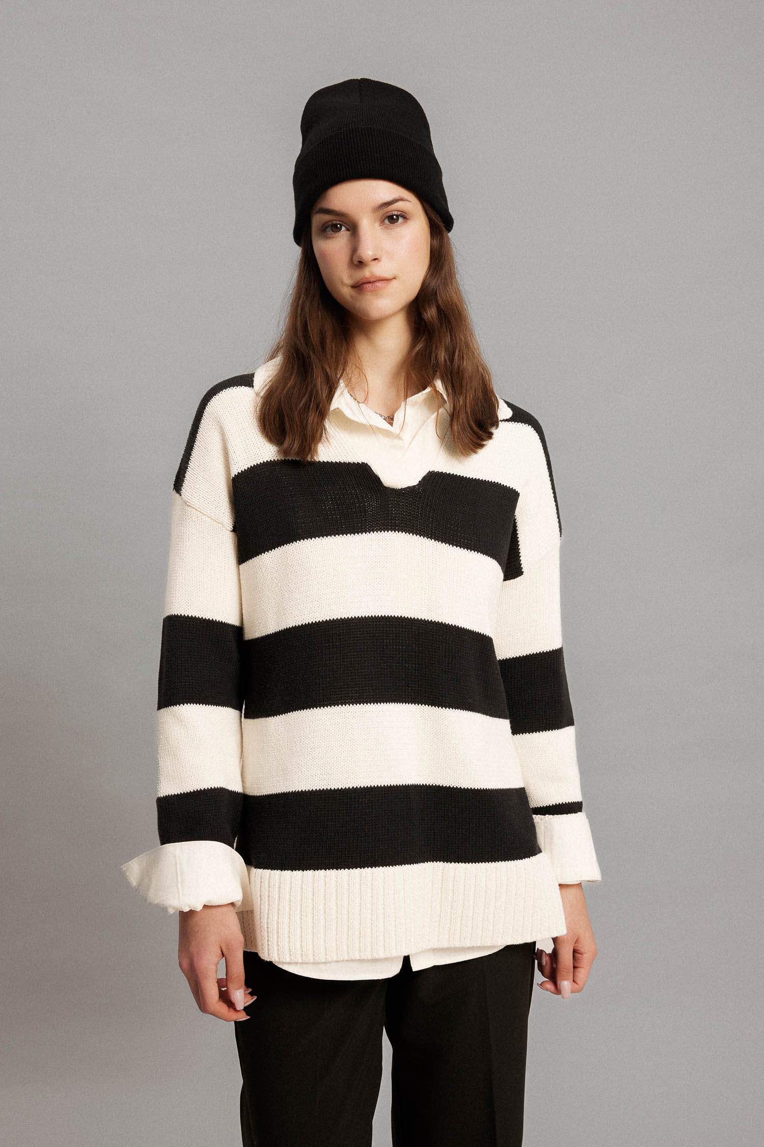 Regular Fit Polo Collar Striped Knitted Pullover Tunic