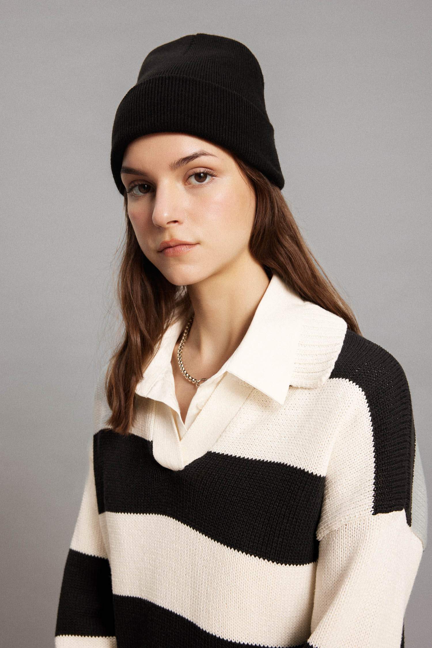 Regular Fit Polo Collar Striped Knitted Pullover Tunic