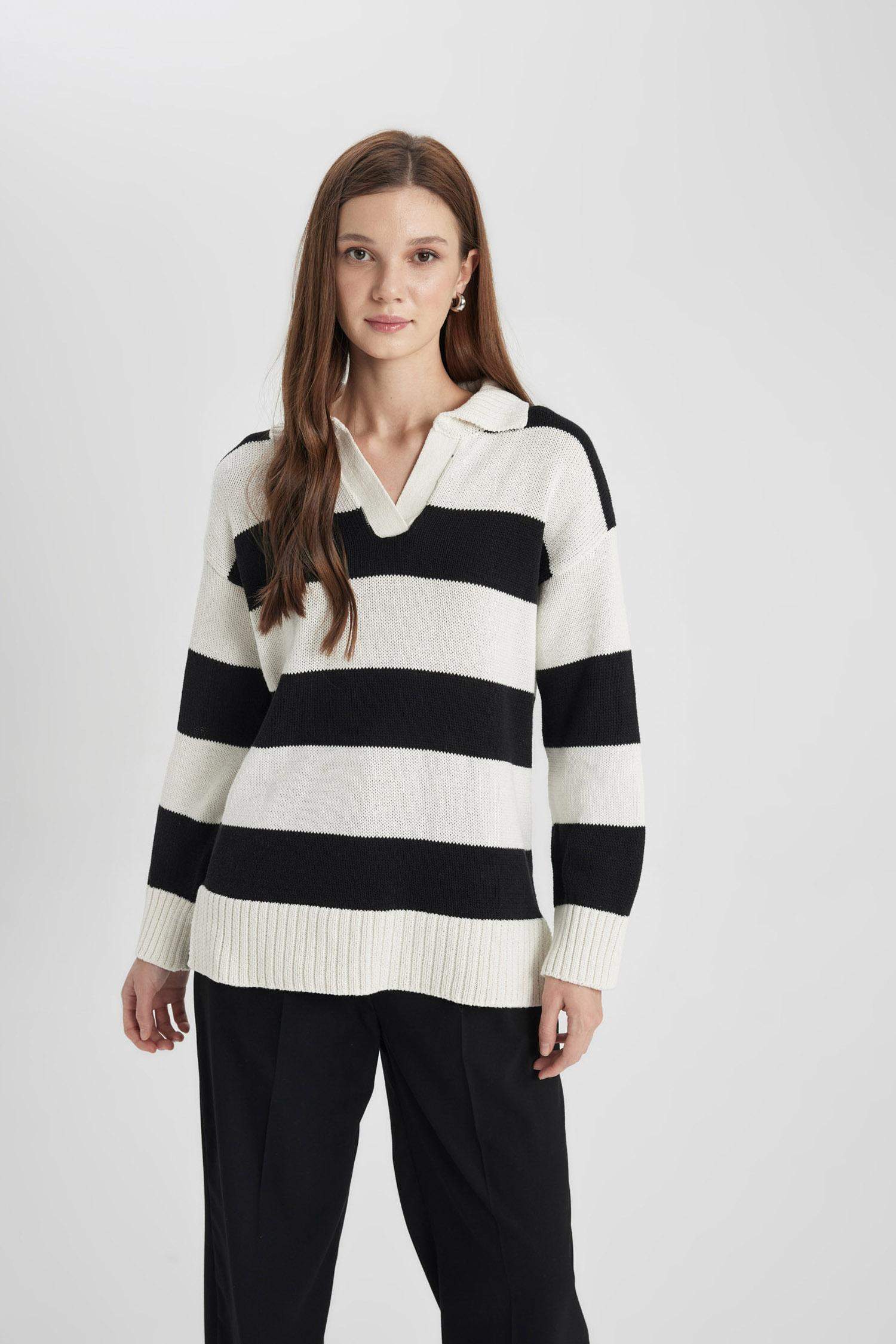 Regular Fit Polo Collar Striped Knitted Pullover Tunic