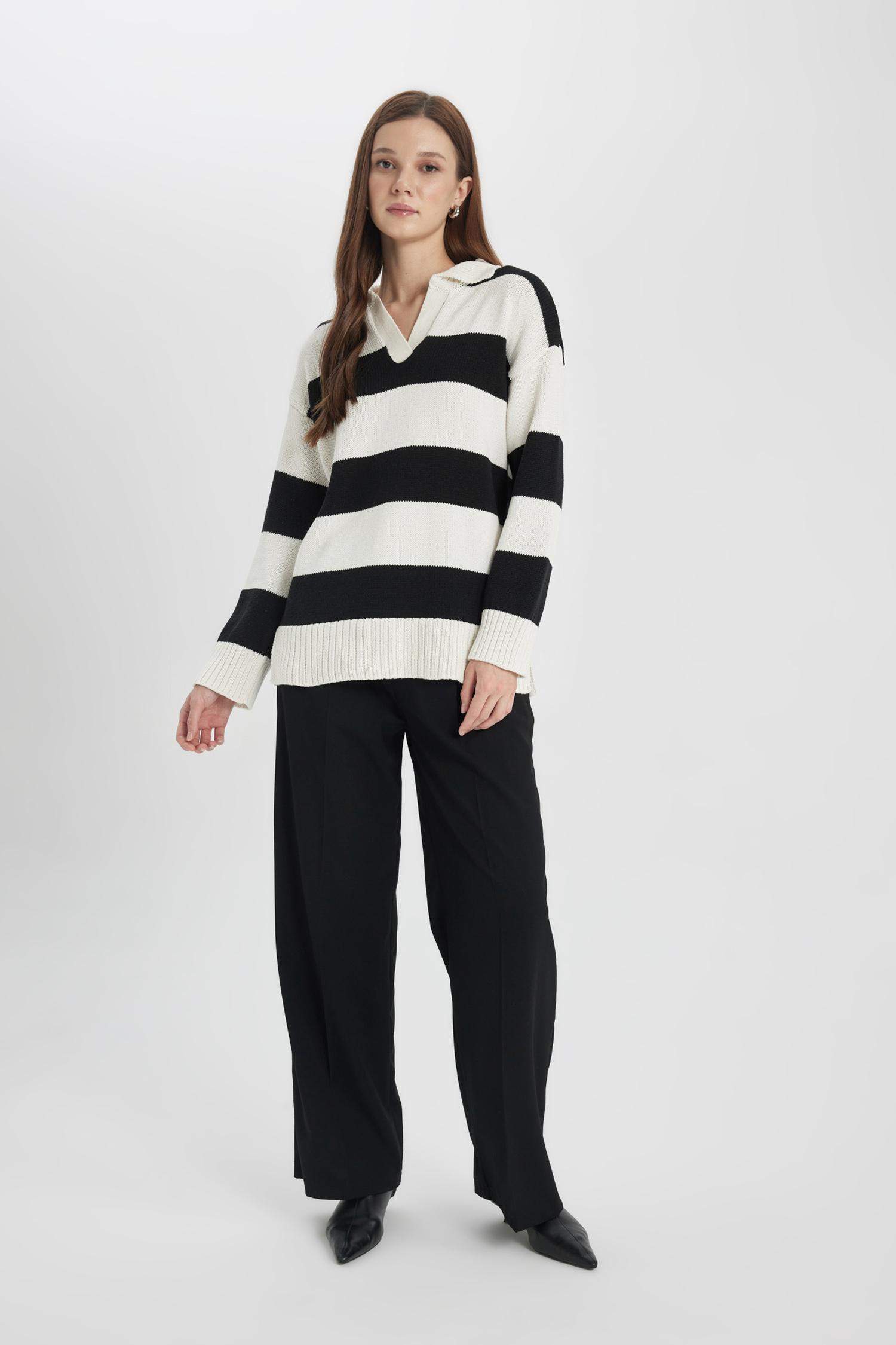 Regular Fit Polo Collar Striped Knitted Pullover Tunic