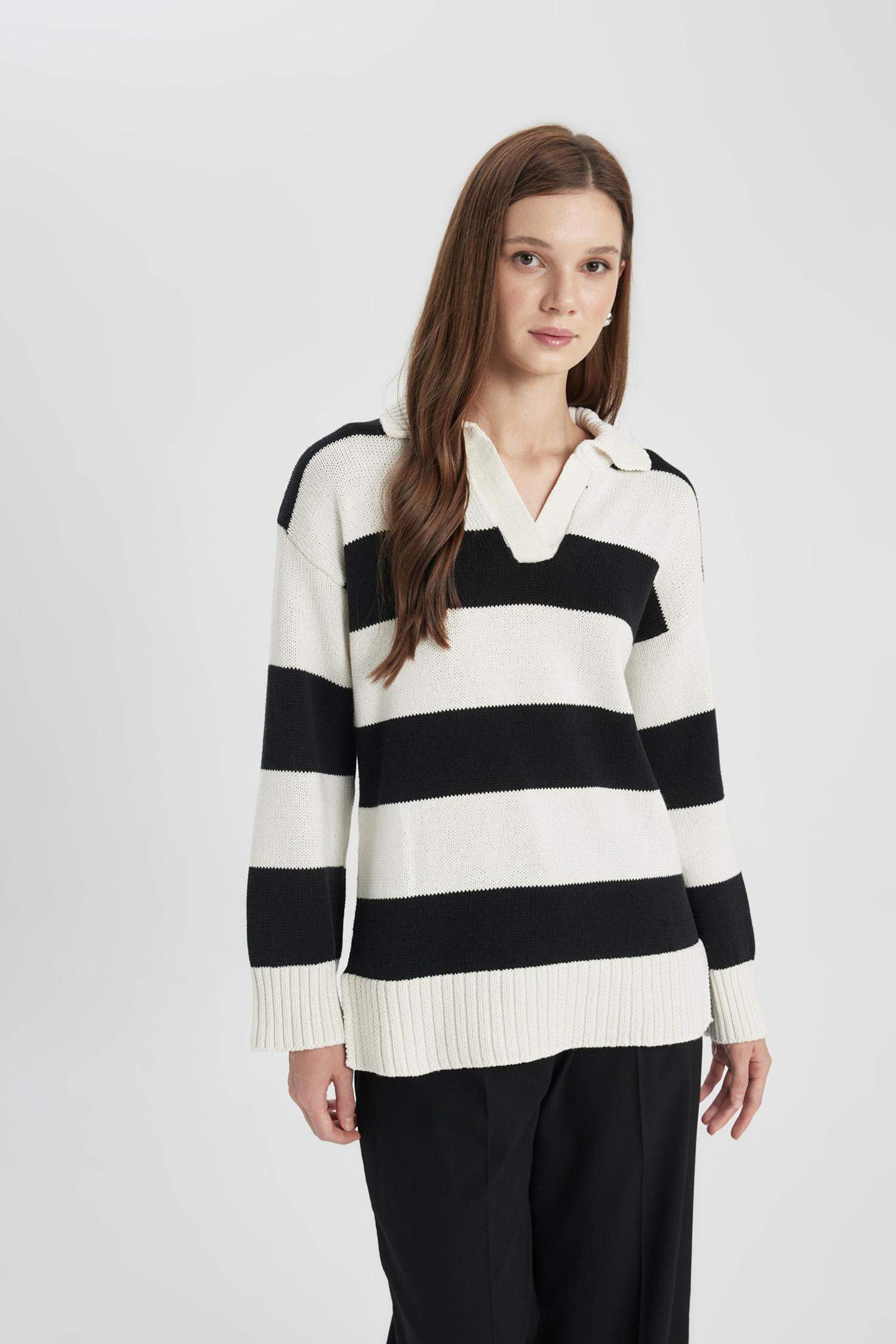 Regular Fit Polo Collar Striped Knitted Pullover Tunic