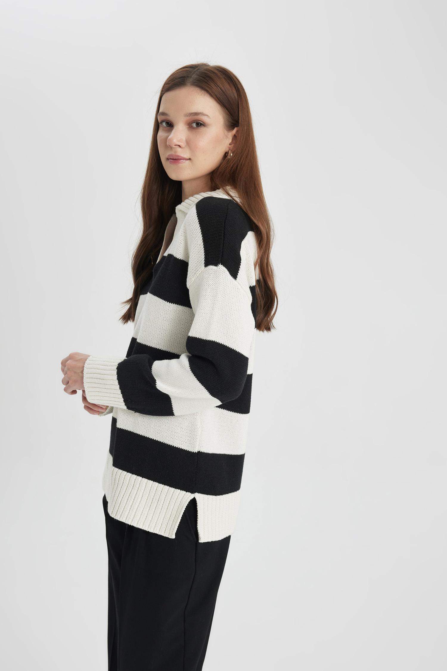 Regular Fit Polo Collar Striped Knitted Pullover Tunic