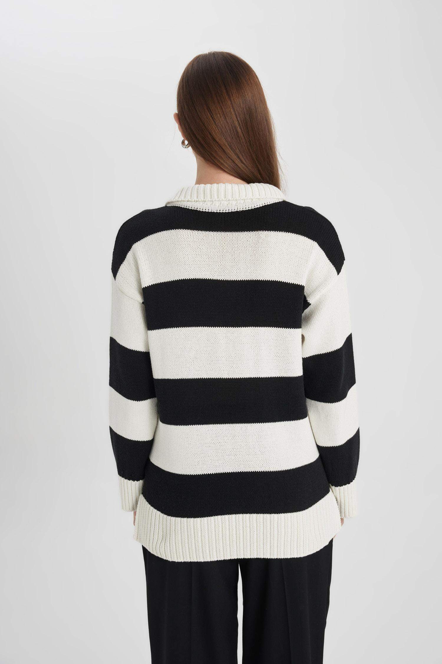 Regular Fit Polo Collar Striped Knitted Pullover Tunic