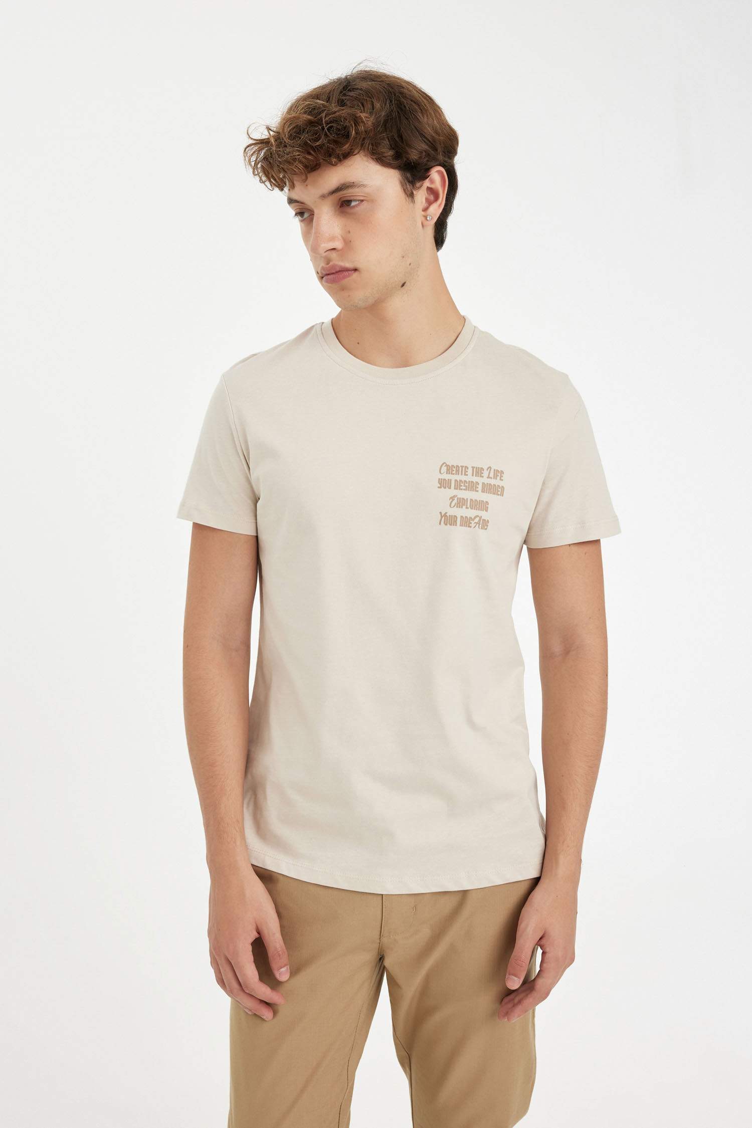 Slim Fit Dar Kesim Bisiklet Yaka Baskılı Kısa Kollu Tişört