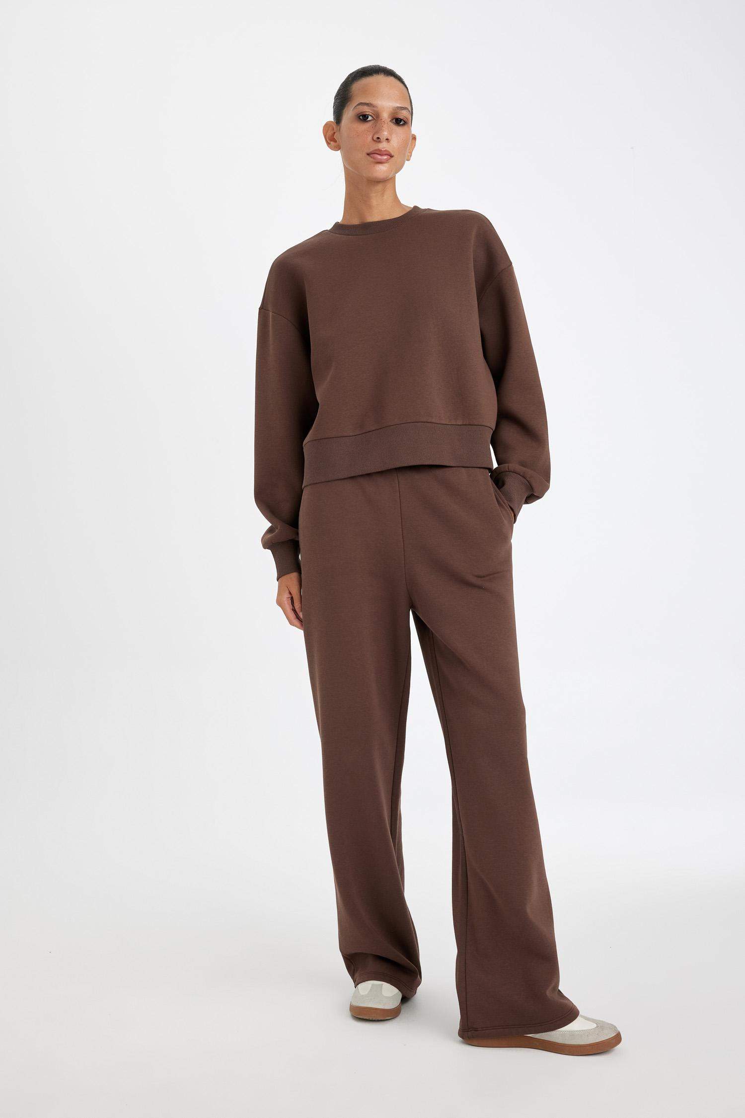 Boxy Fit Bisiklet Yaka Kalın Basic Düz Sweatshirt