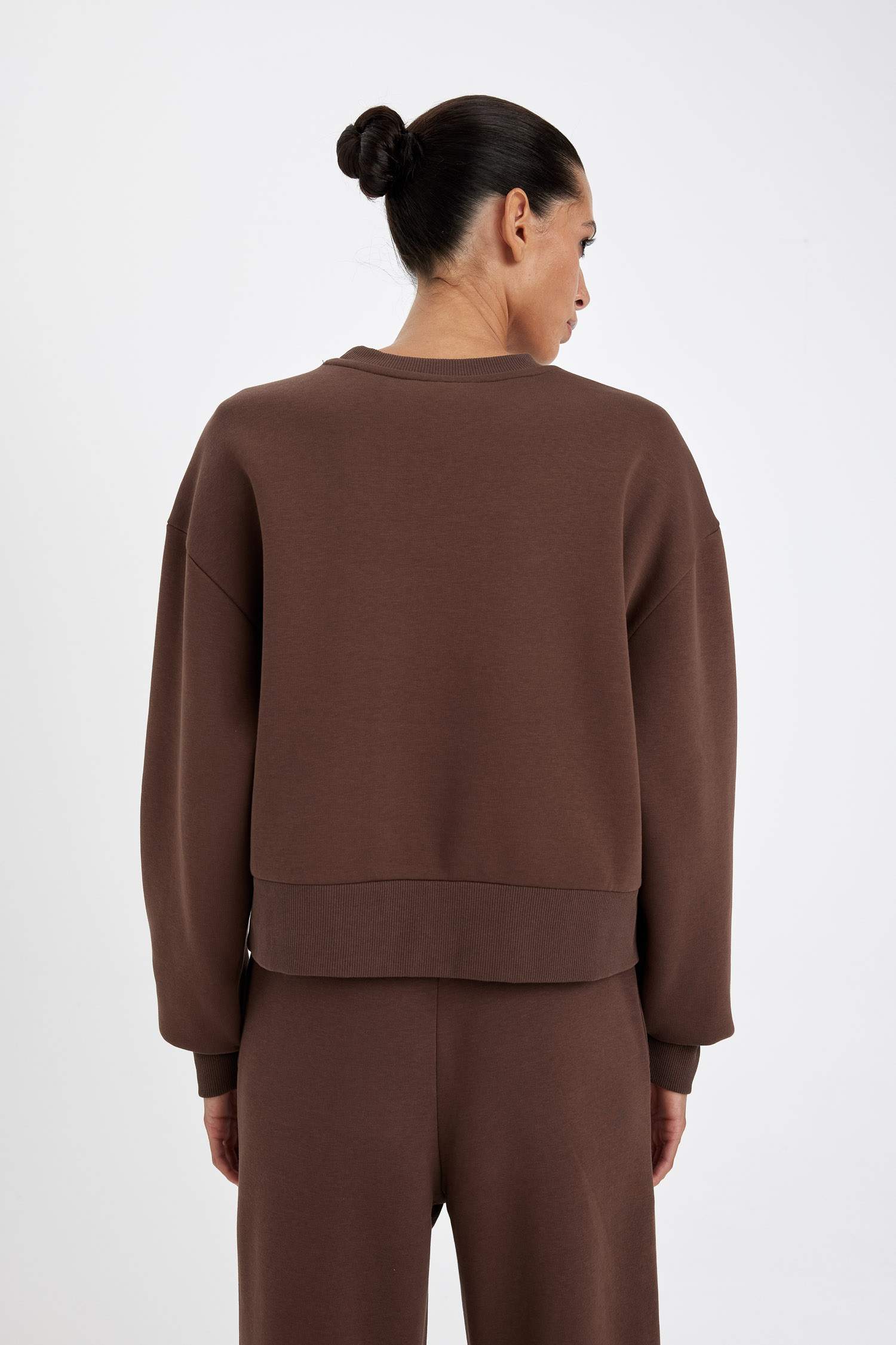 Boxy Fit Bisiklet Yaka Kalın Basic Düz Sweatshirt