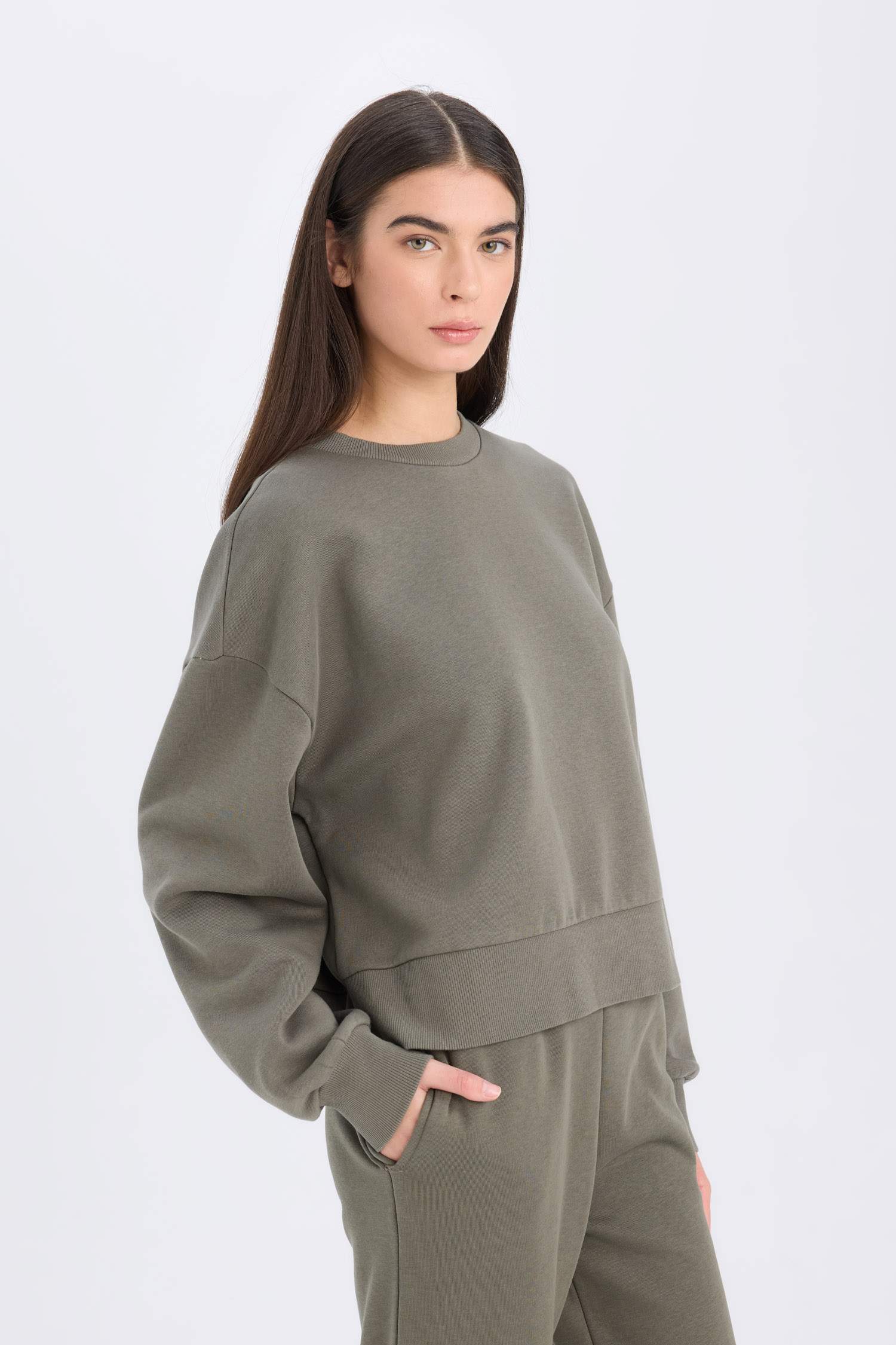 Boxy Fit Bisiklet Yaka Kalın Basic Düz Sweatshirt