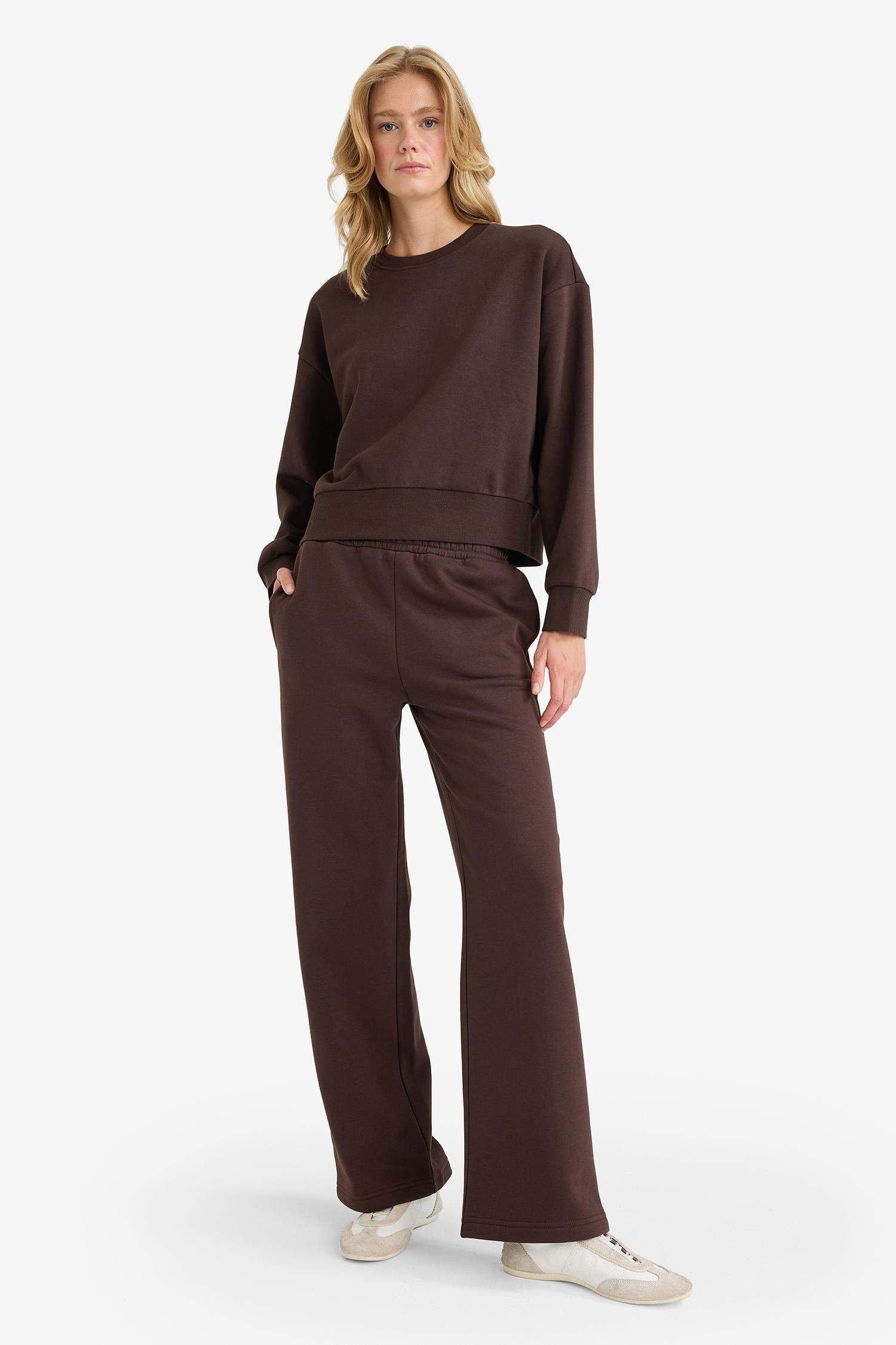 Boxy Fit Bisiklet Yaka Basic Düz Sweatshirt