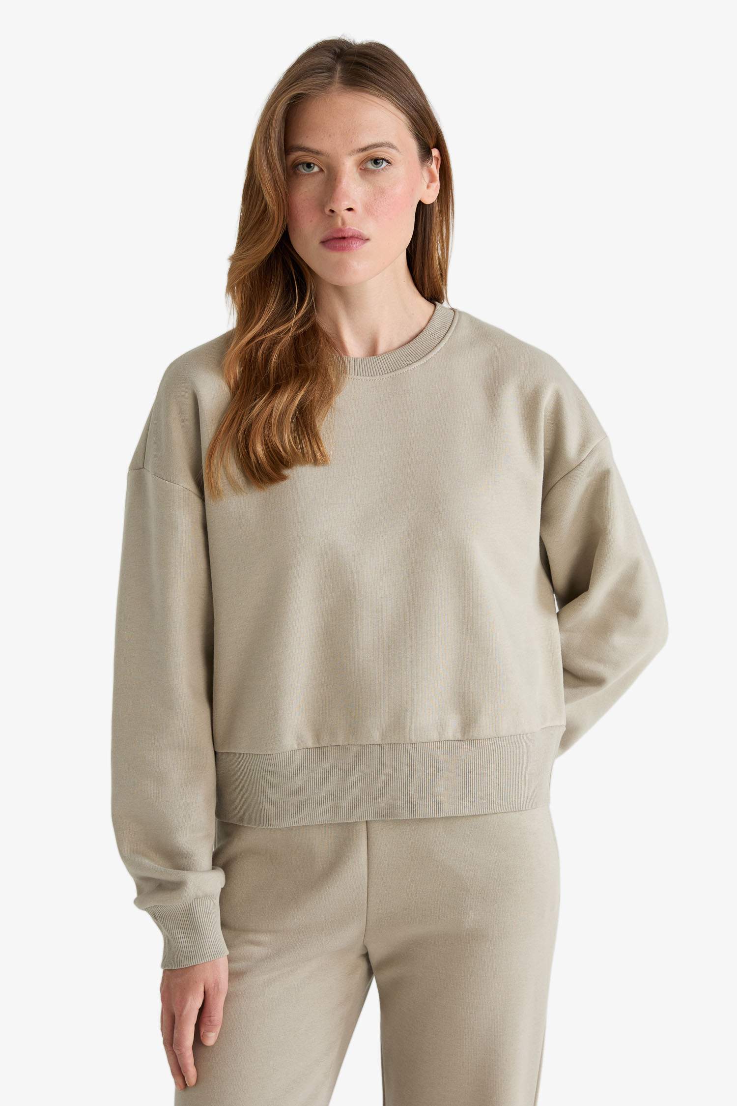 Boxy Fit Bisiklet Yaka Basic Düz Sweatshirt