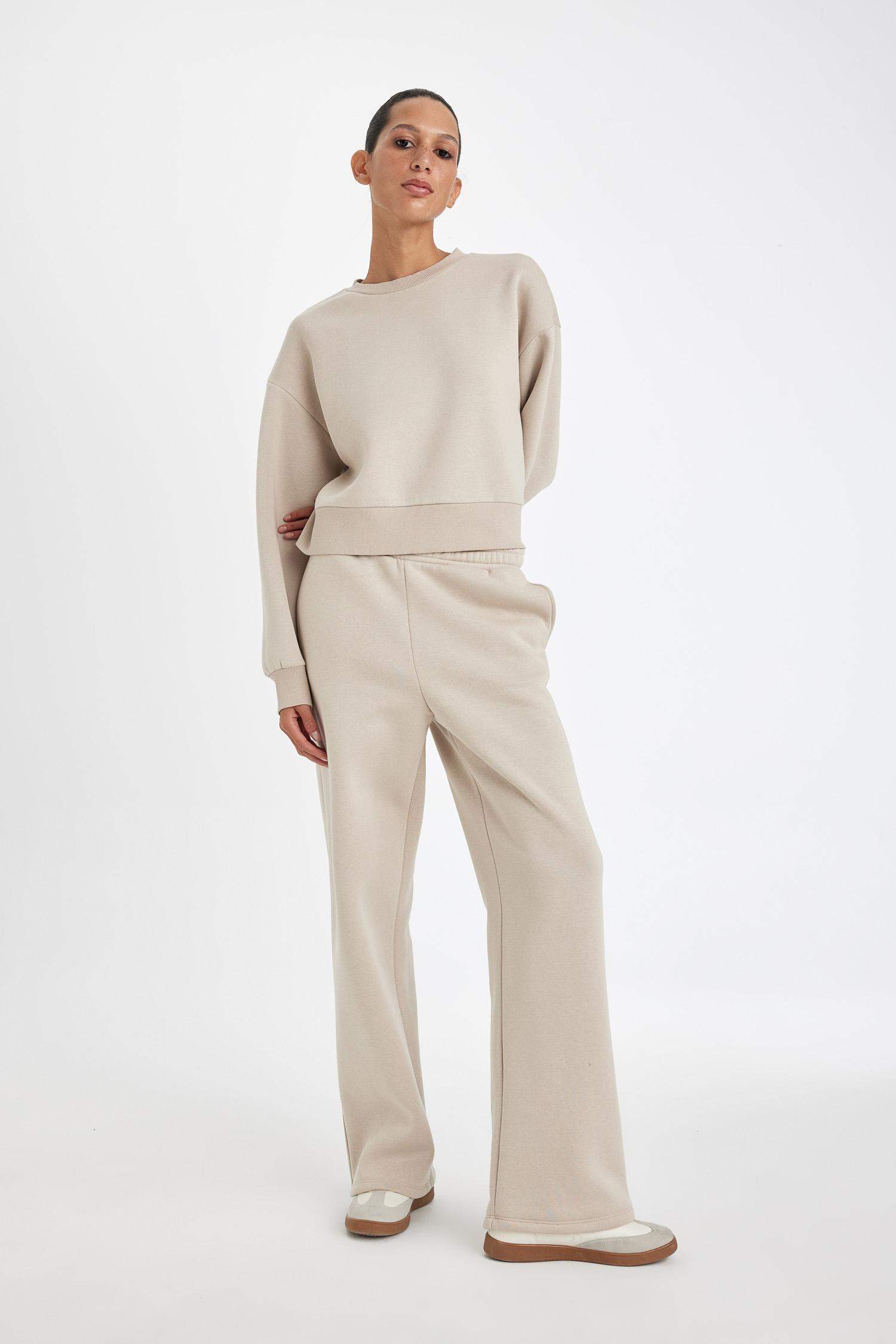 Straight Fit Beli Lastikli Eşofman Altı Yüksek Bel Cepli Kalın Basic Düz