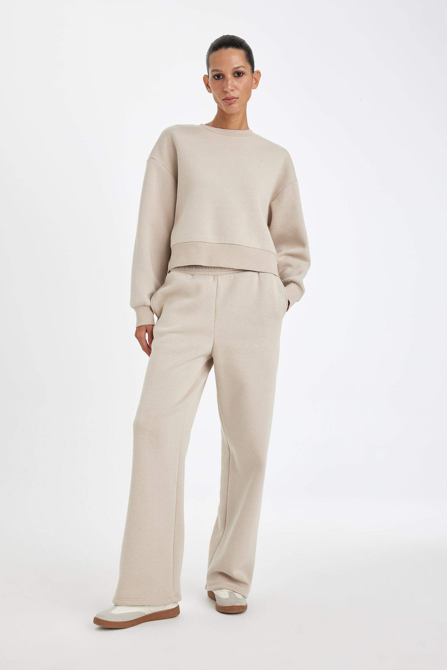 Straight Fit Beli Lastikli Eşofman Altı Yüksek Bel Cepli Kalın Basic Düz