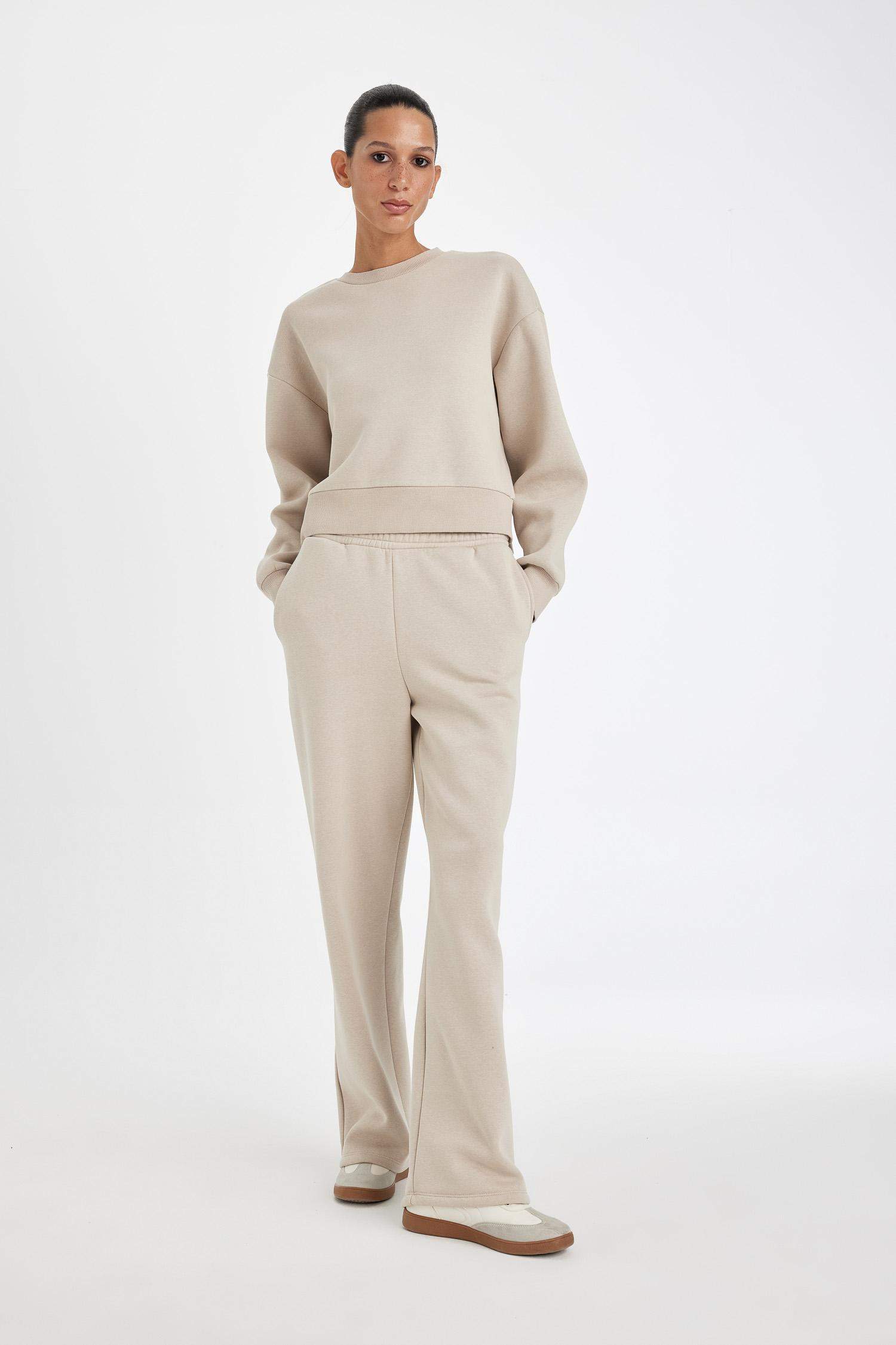 Straight Fit Beli Lastikli Eşofman Altı Yüksek Bel Cepli Kalın Basic Düz