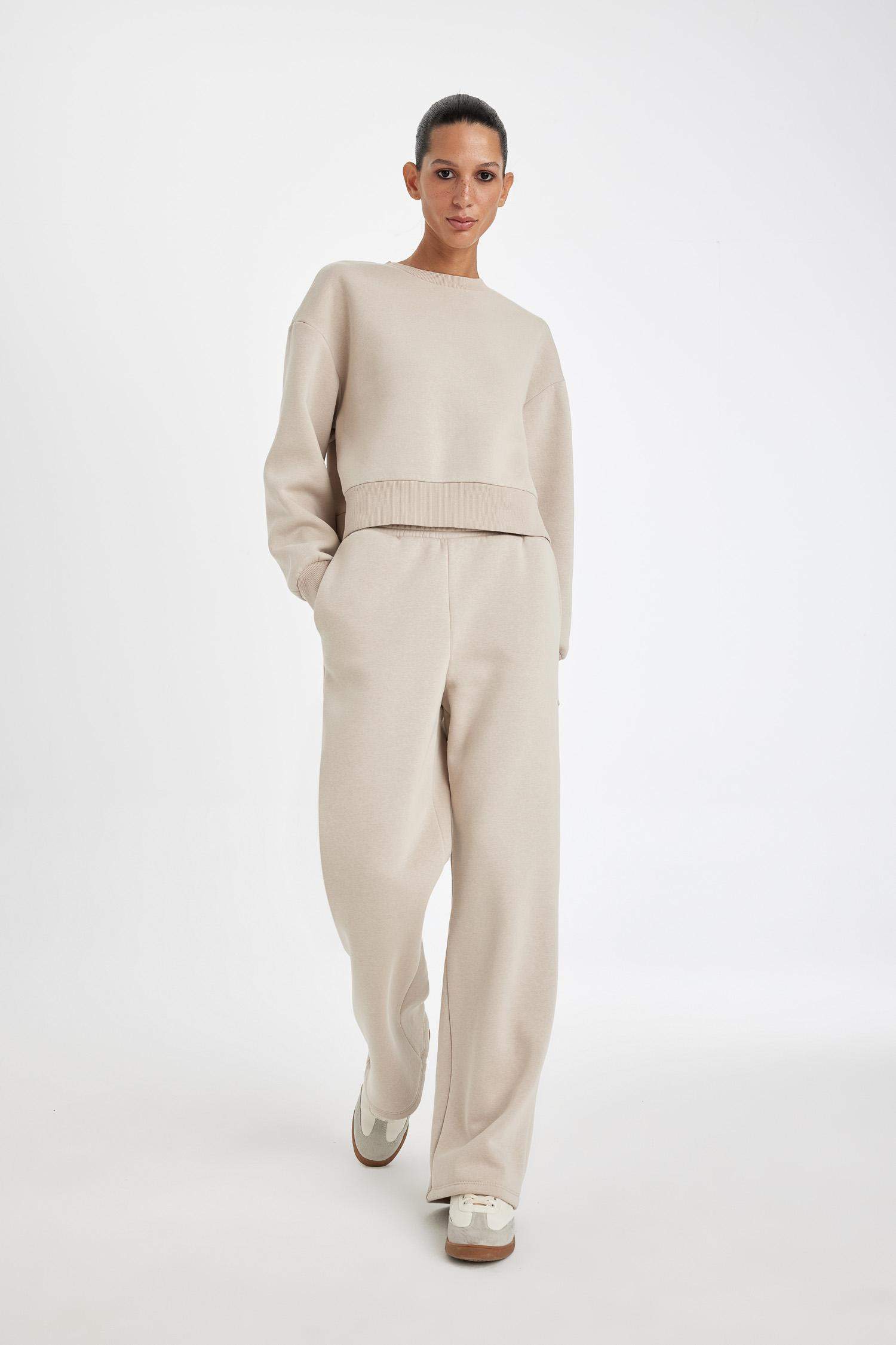 Straight Fit Beli Lastikli Eşofman Altı Yüksek Bel Cepli Kalın Basic Düz