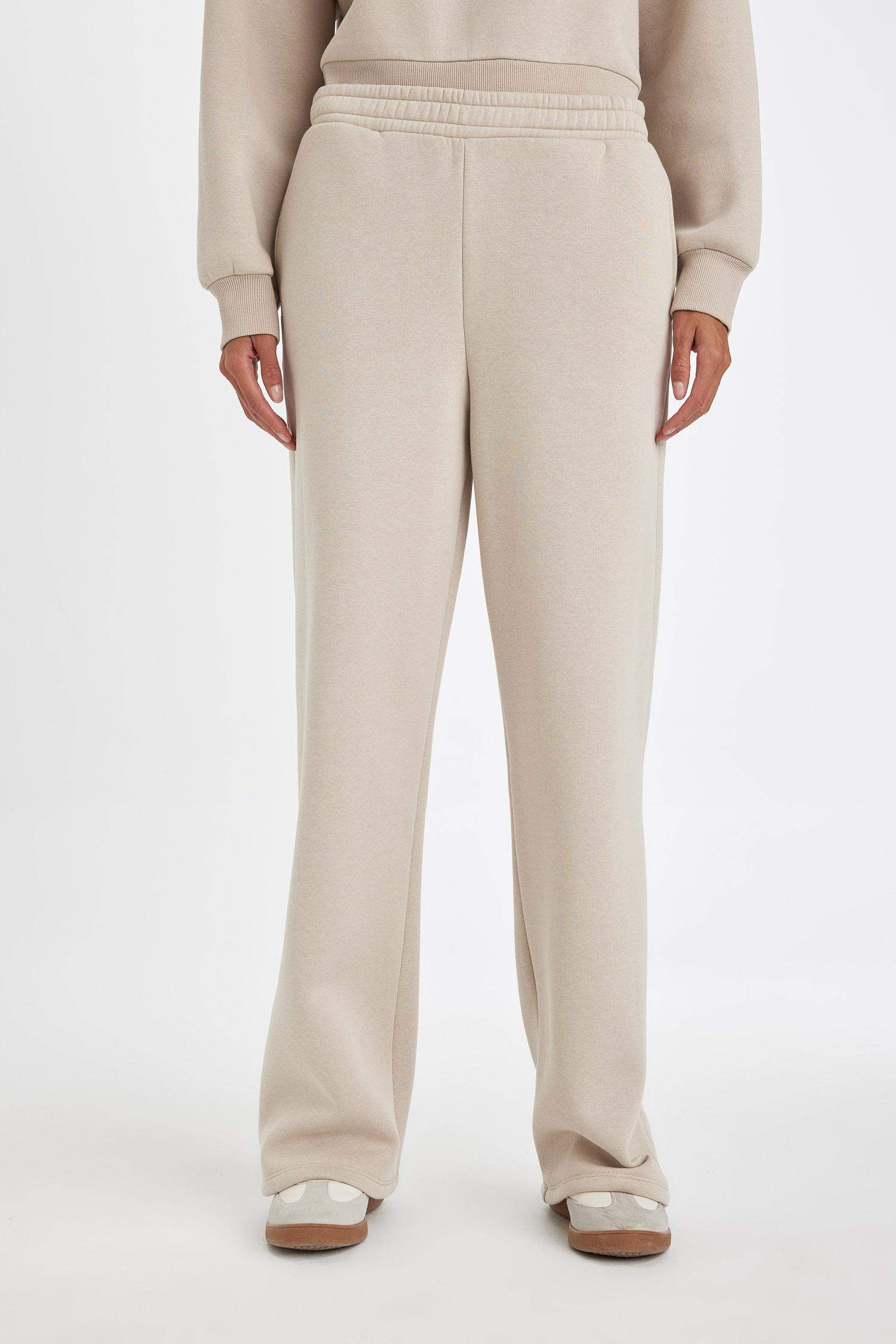 Straight Fit Beli Lastikli Eşofman Altı Yüksek Bel Cepli Kalın Basic Düz