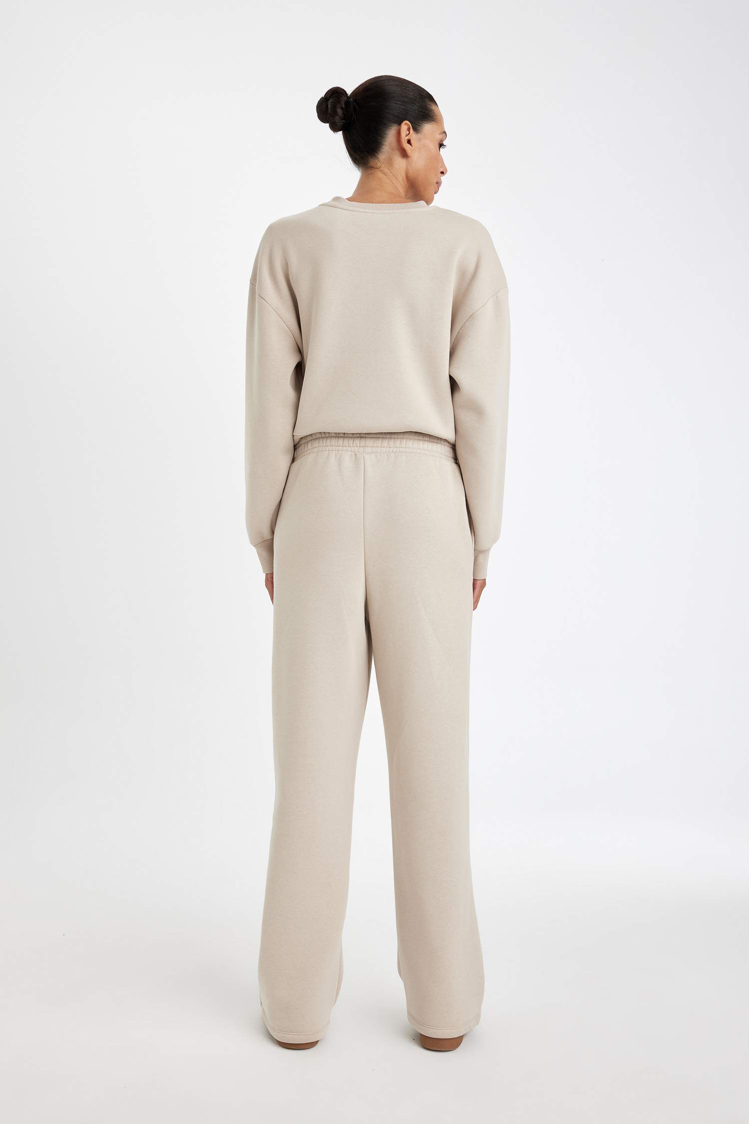 Straight Fit Beli Lastikli Eşofman Altı Yüksek Bel Cepli Kalın Basic Düz