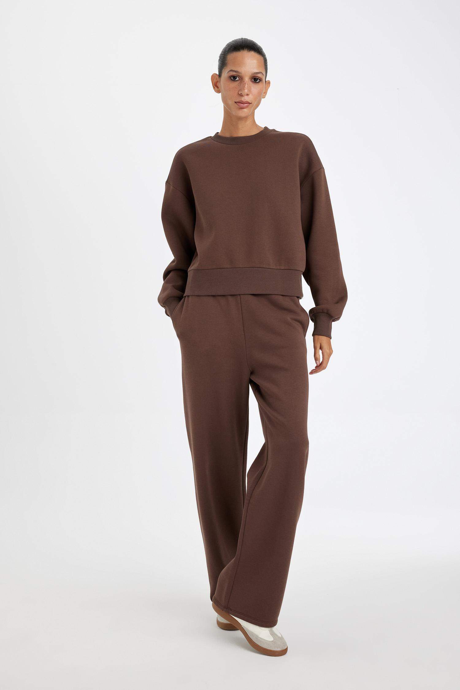 Straight Fit Kalın Kışlık Eşofman Altı Beli Lastikli Cepli Yüksek Bel Basic Düz