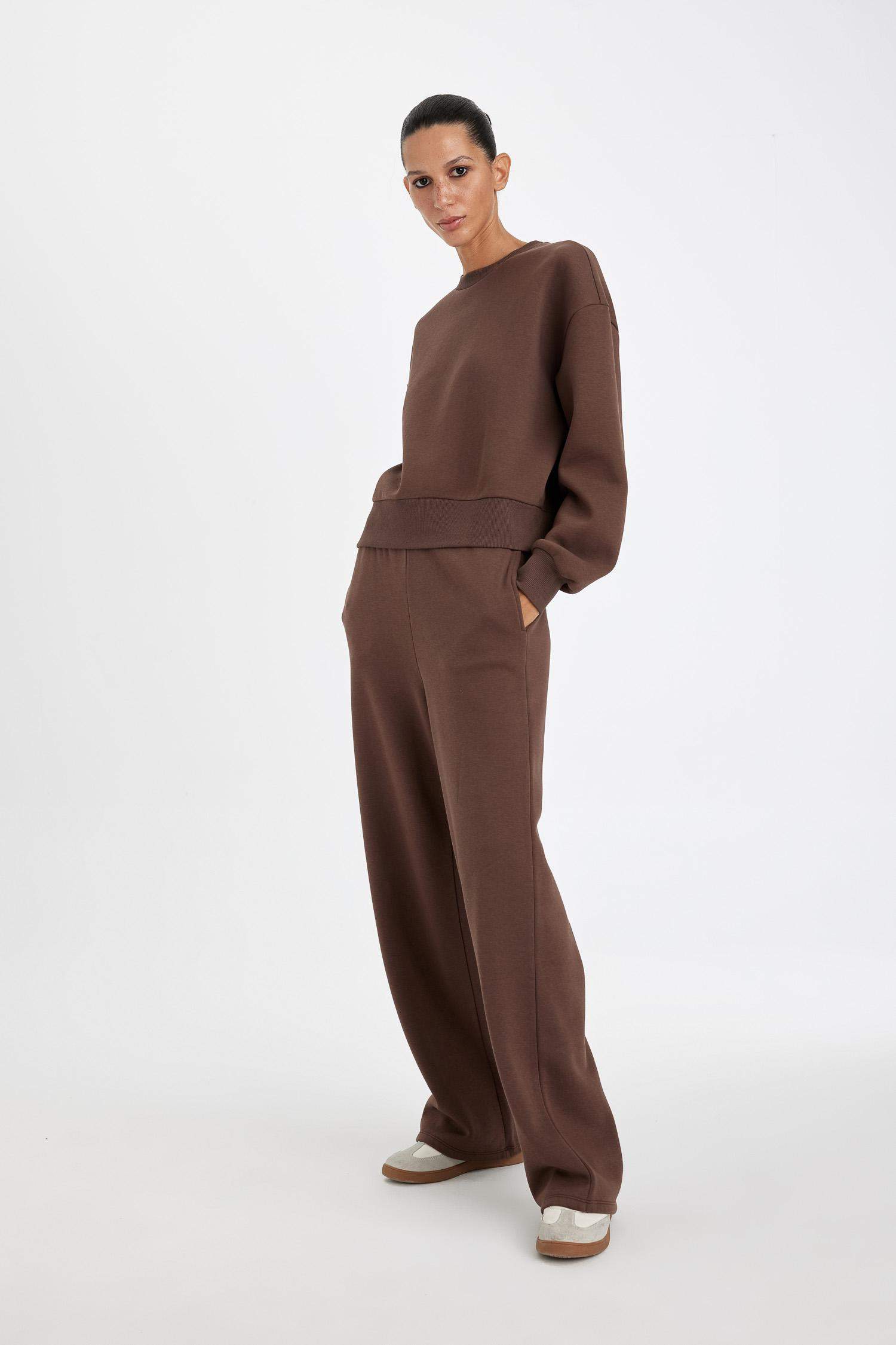 Straight Fit Kalın Kışlık Eşofman Altı Beli Lastikli Cepli Yüksek Bel Basic Düz