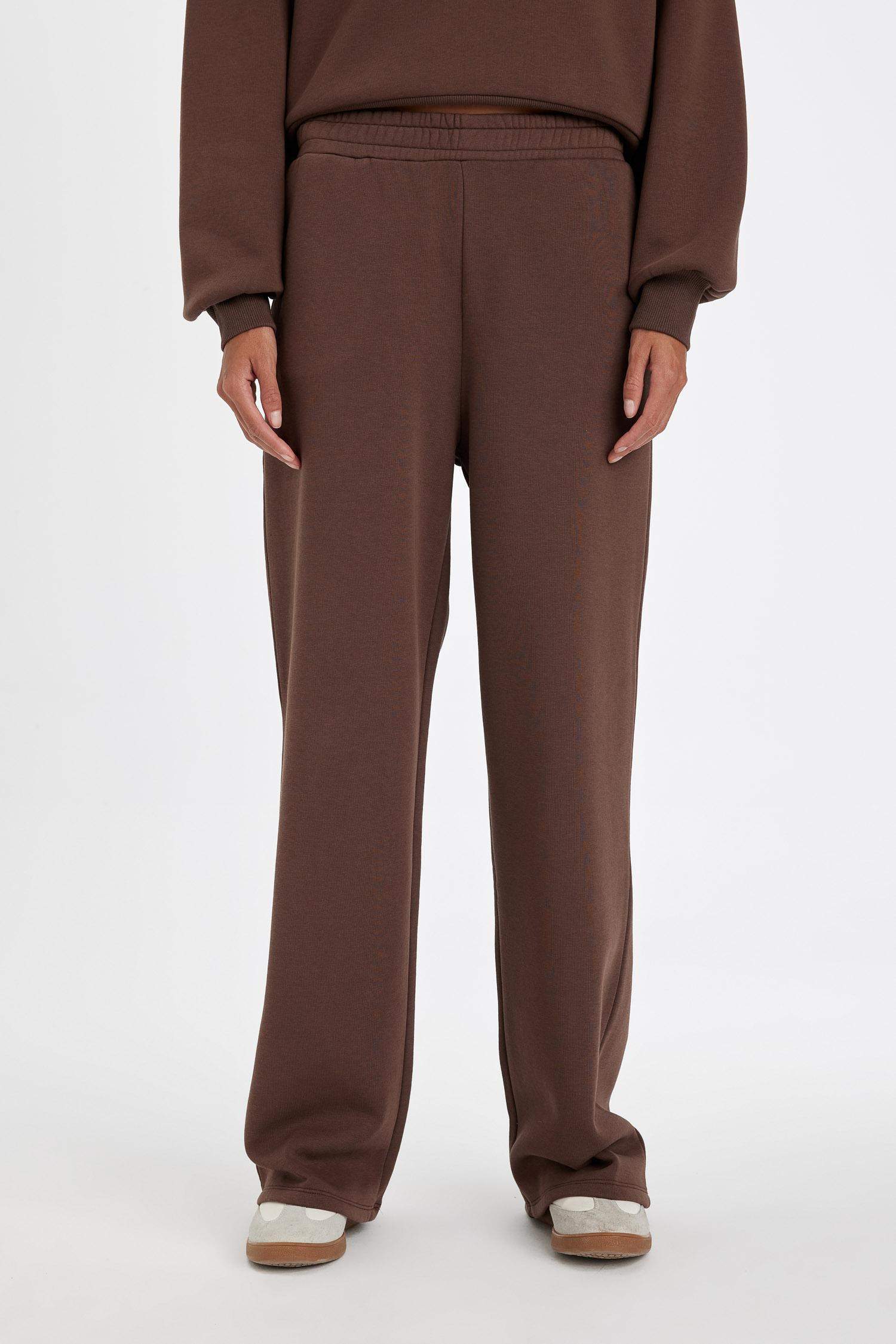 Straight Fit Kalın Kışlık Eşofman Altı Beli Lastikli Cepli Yüksek Bel Basic Düz