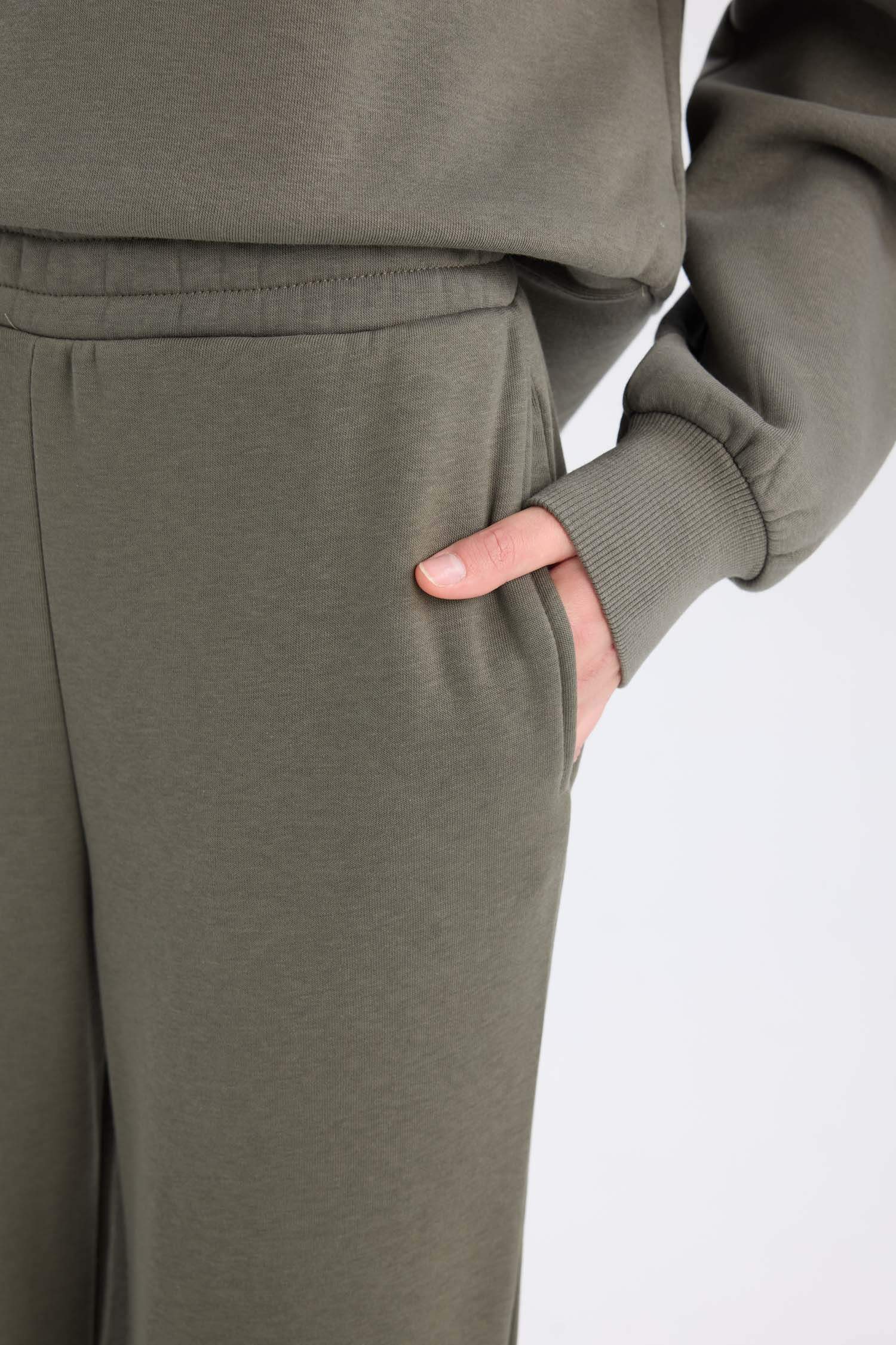 Straight Fit Kalın Eşofman Altı Beli Lastikli Cepli Yüksek Bel Basic Düz