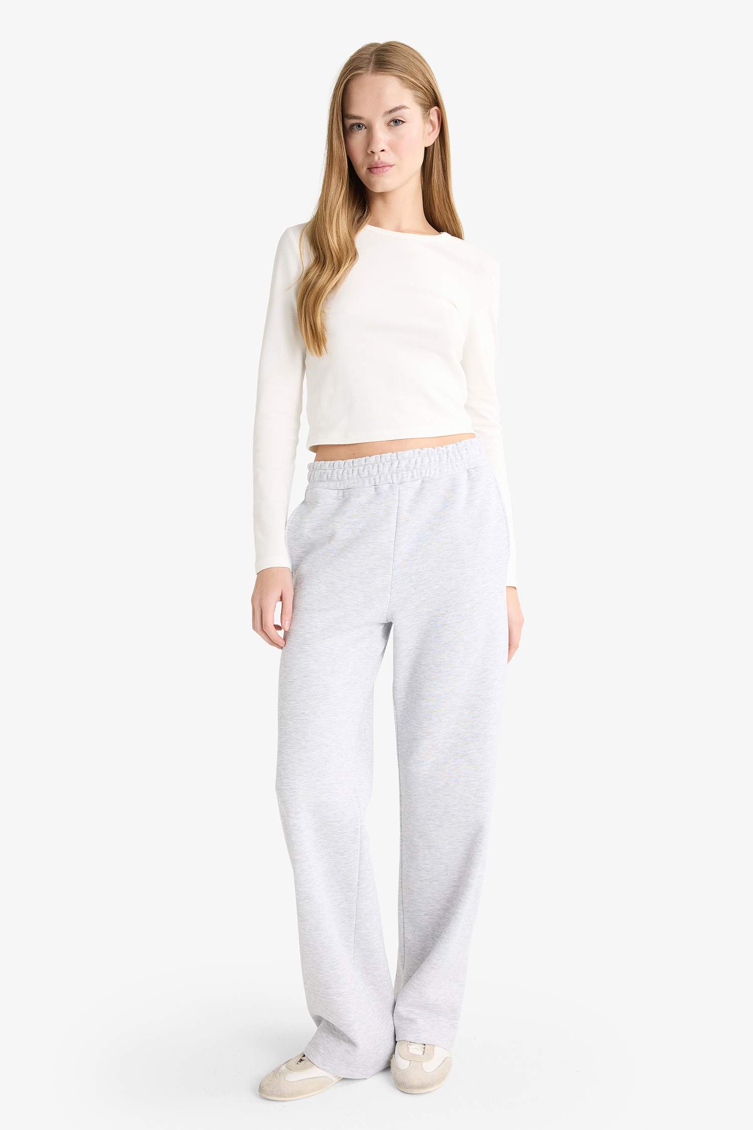 بنطرون بجامة رياضي تقيل سادة قصة مستقيمة وخصر عالي