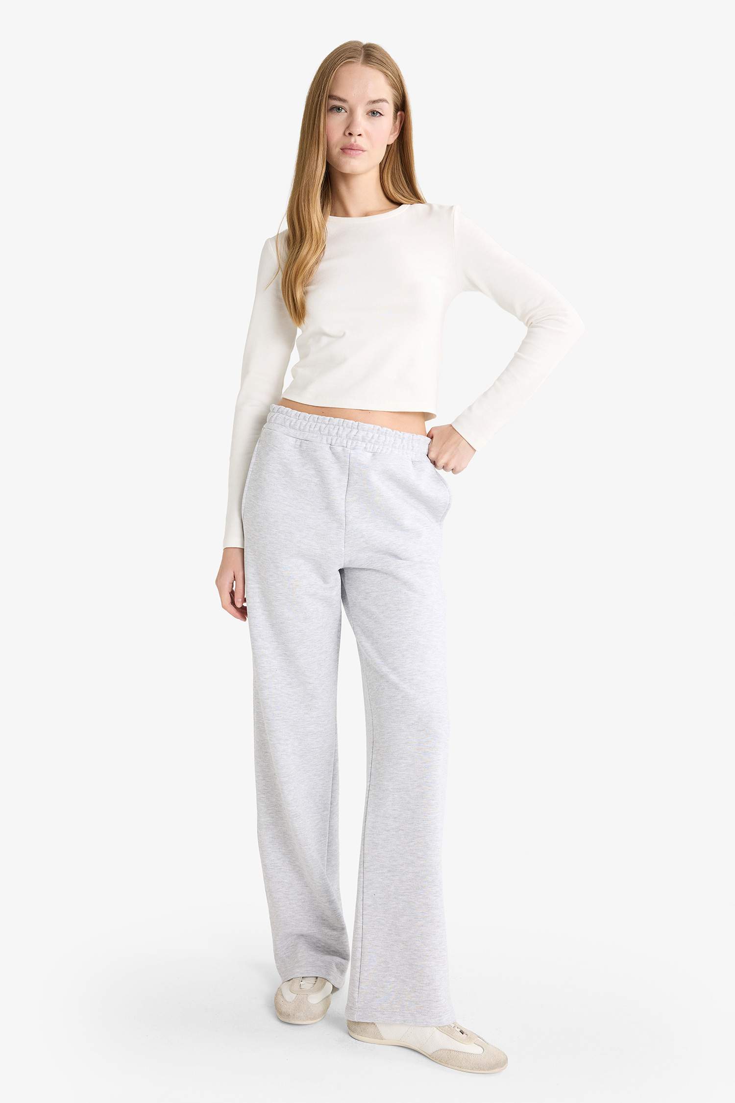 بنطرون بجامة رياضي تقيل سادة قصة مستقيمة وخصر عالي