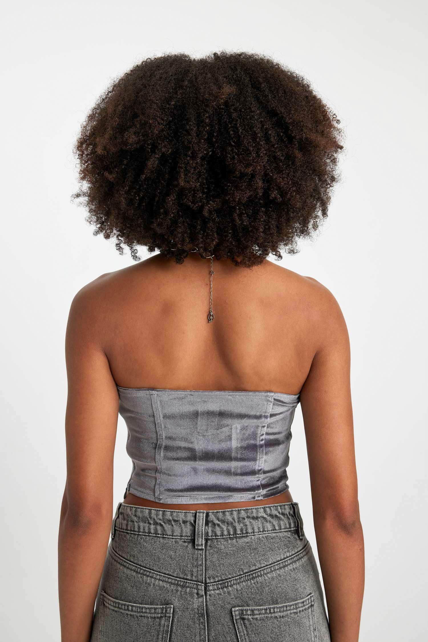 Kalp Yaka Crop Korse Görünümlü Straplez Bluz