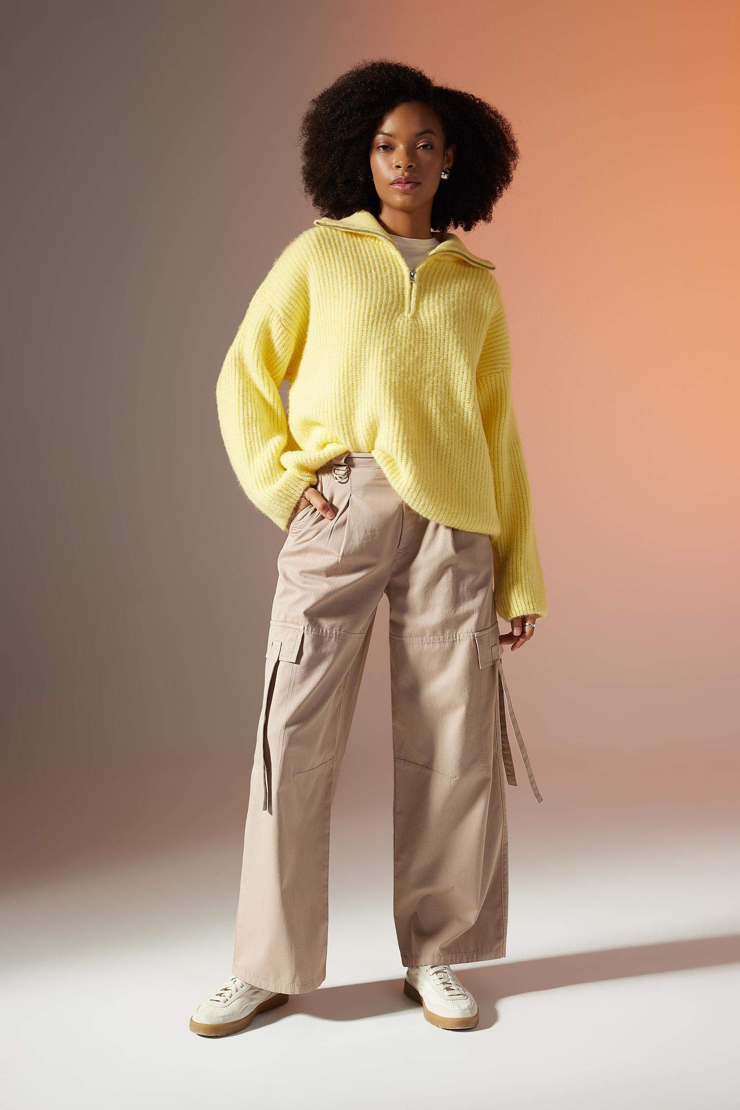 Wide Leg Kargo Cepli Yüksek Bel Standart Boy Gabardin Pantolon