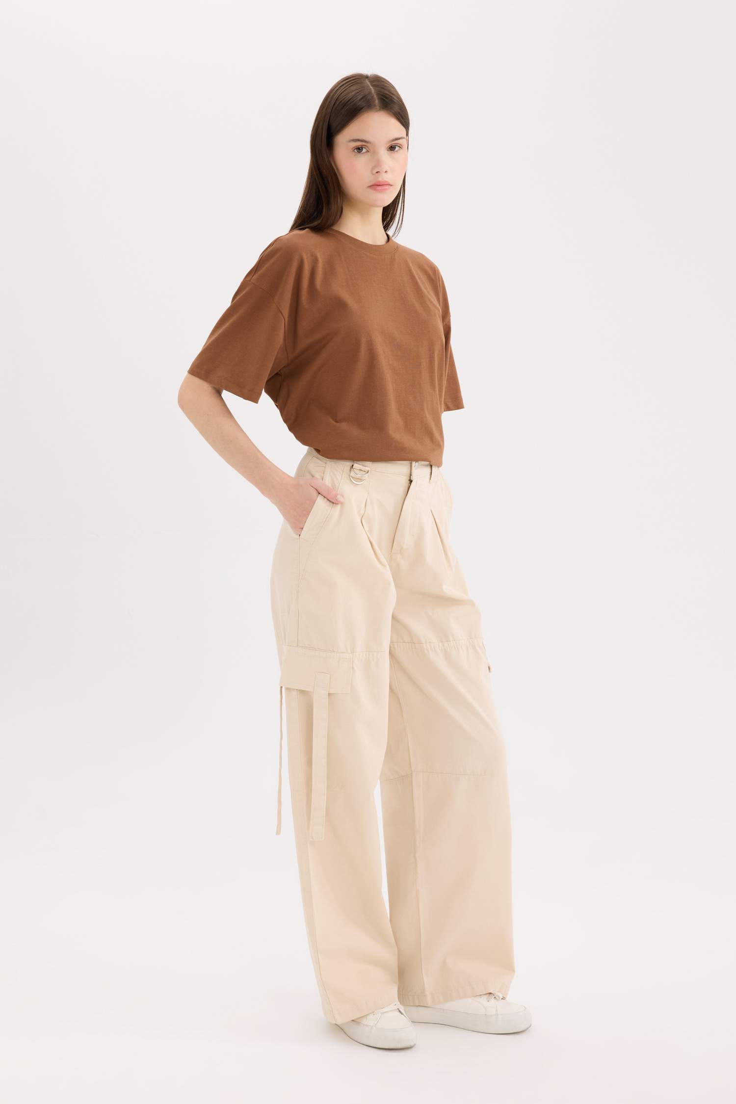 Wide Leg Kargo Cepli Yüksek Bel Standart Boy Gabardin Pantolon