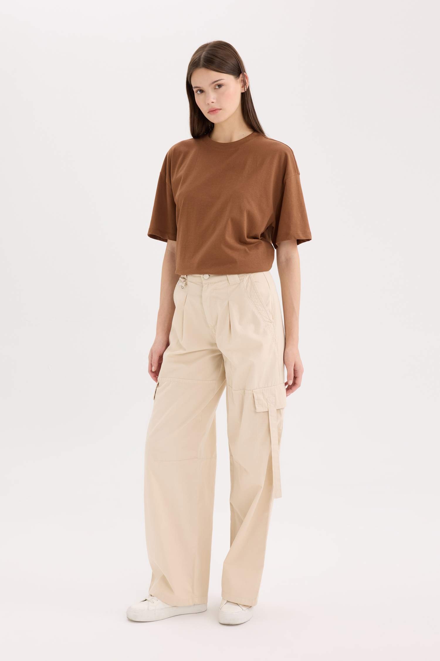 Wide Leg Kargo Cepli Yüksek Bel Standart Boy Gabardin Pantolon