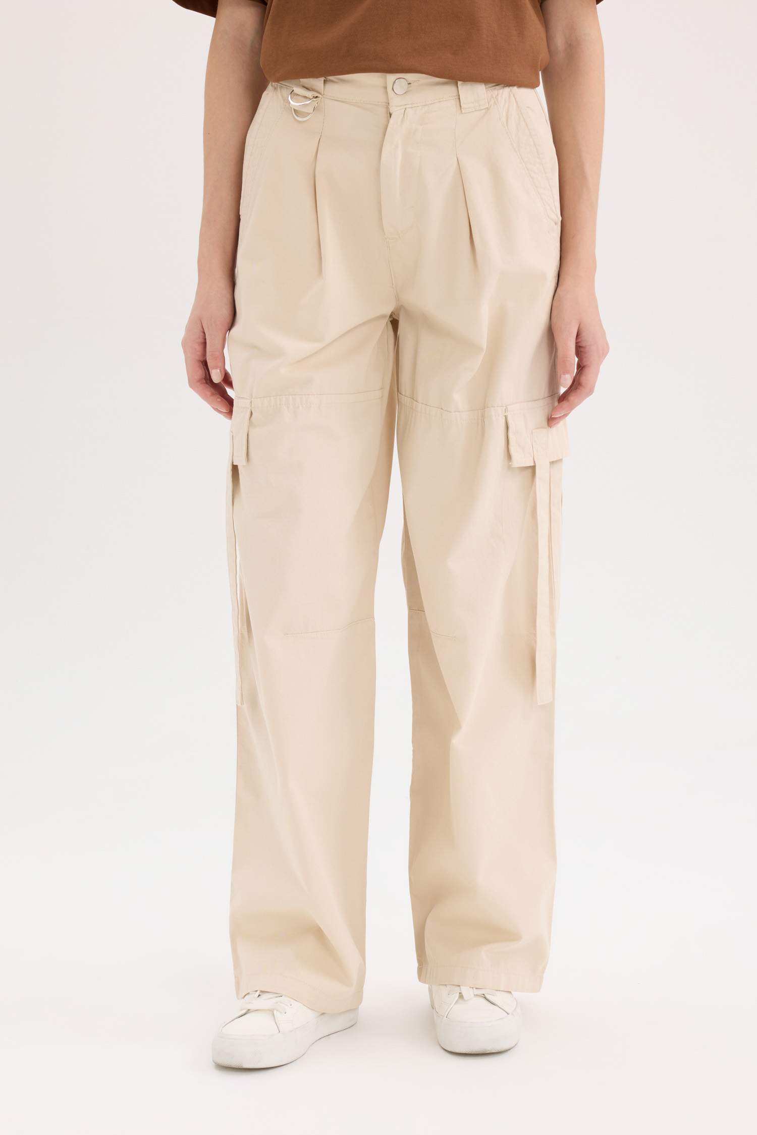 Wide Leg Kargo Cepli Yüksek Bel Standart Boy Gabardin Pantolon