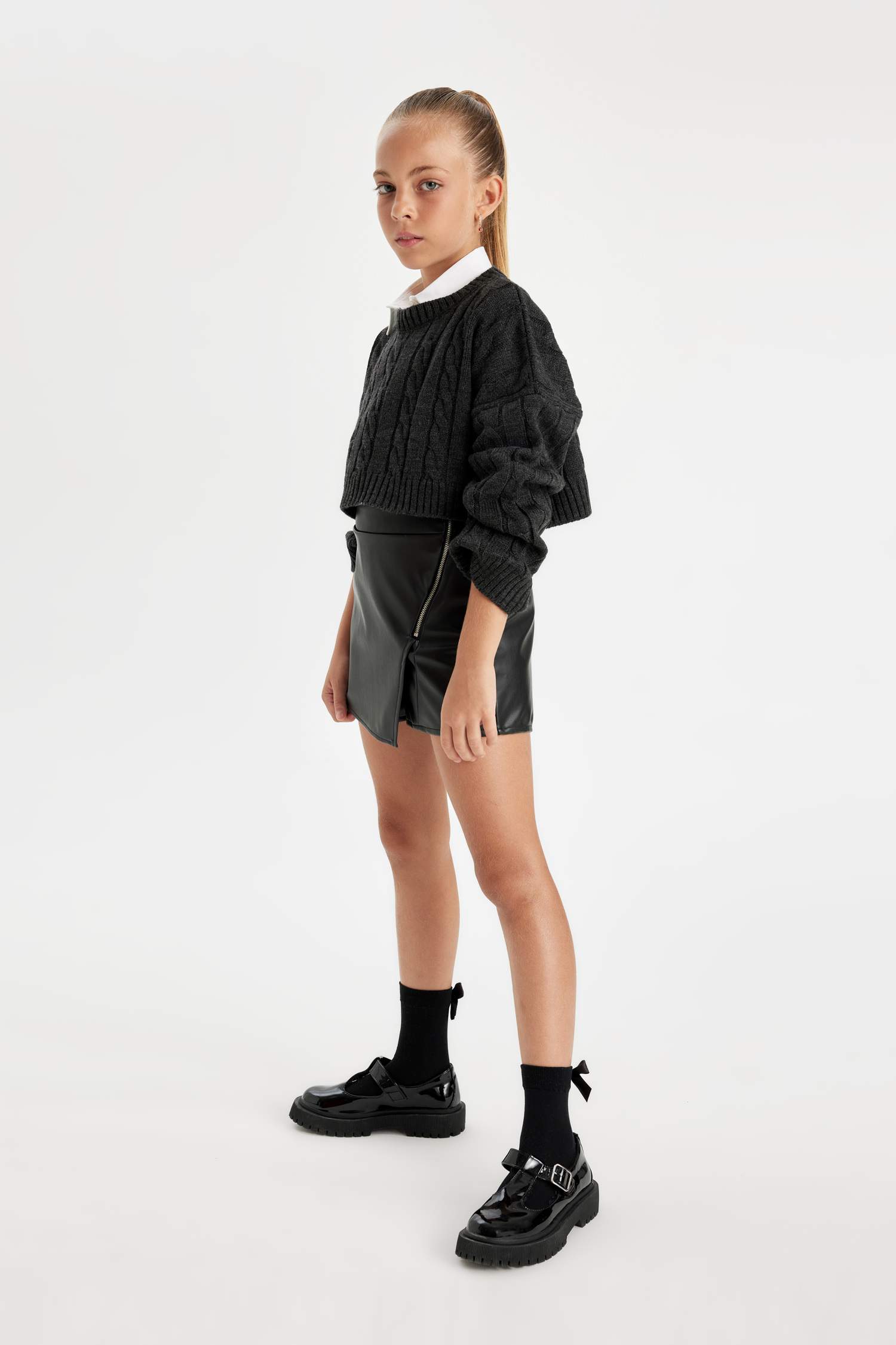 Girl Faux Leather Regular Fit Knitted Skirt