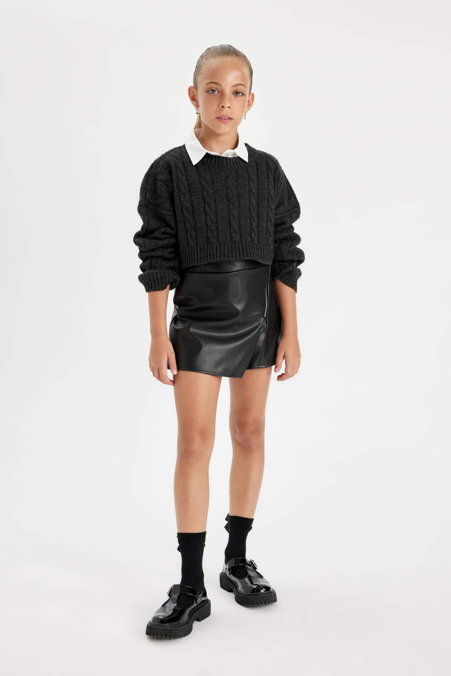 Girl Faux Leather Regular Fit Knitted Skirt