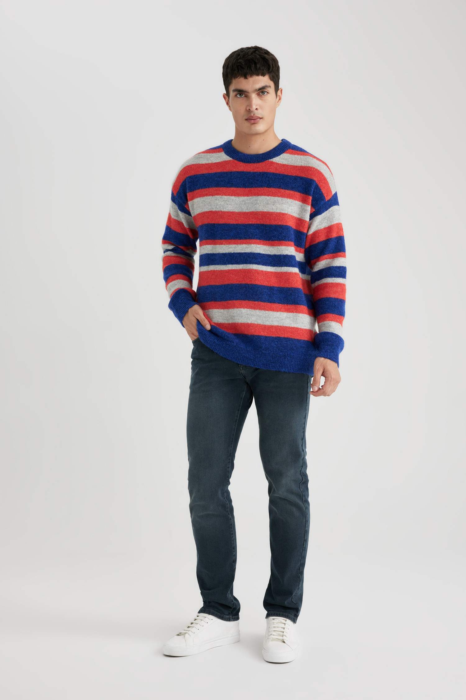 Standard Fit Striped Crew Neck Knitted Pullover