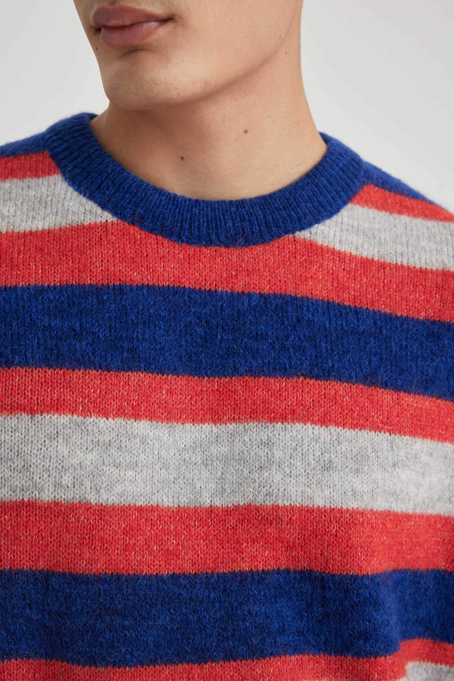Standard Fit Striped Crew Neck Knitted Pullover