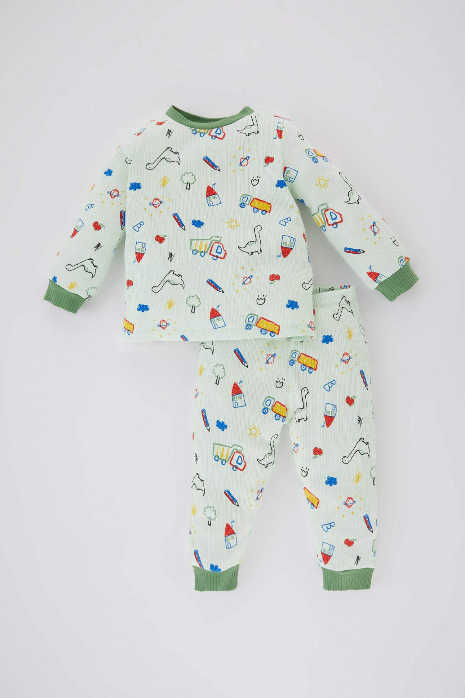 Erkek Bebek Desenli Uzun Kollu Fitilli Kaşkorse Pijama Takımı