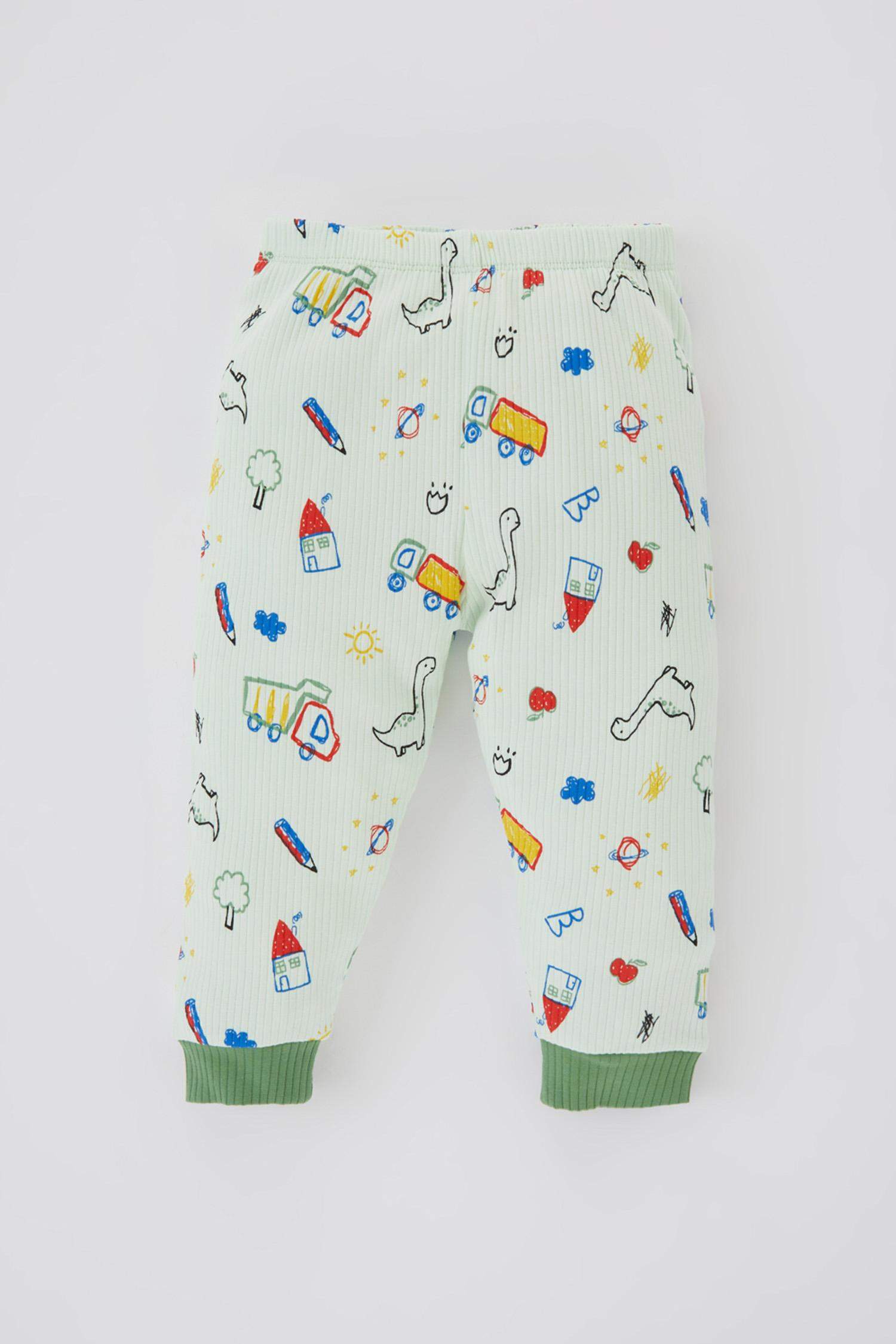 Erkek Bebek Desenli Uzun Kollu Fitilli Kaşkorse Pijama Takımı