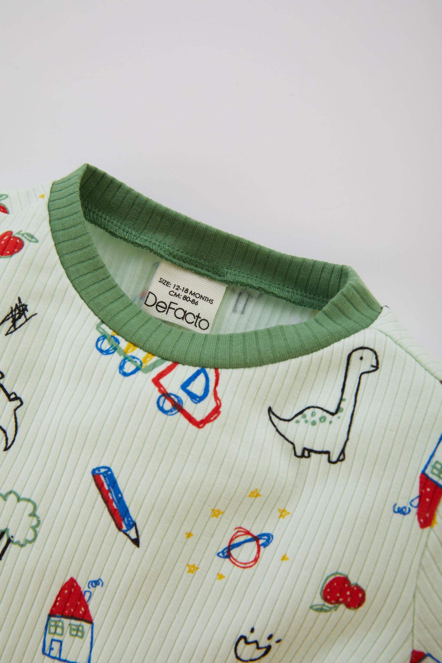 Erkek Bebek Desenli Uzun Kollu Fitilli Kaşkorse Pijama Takımı