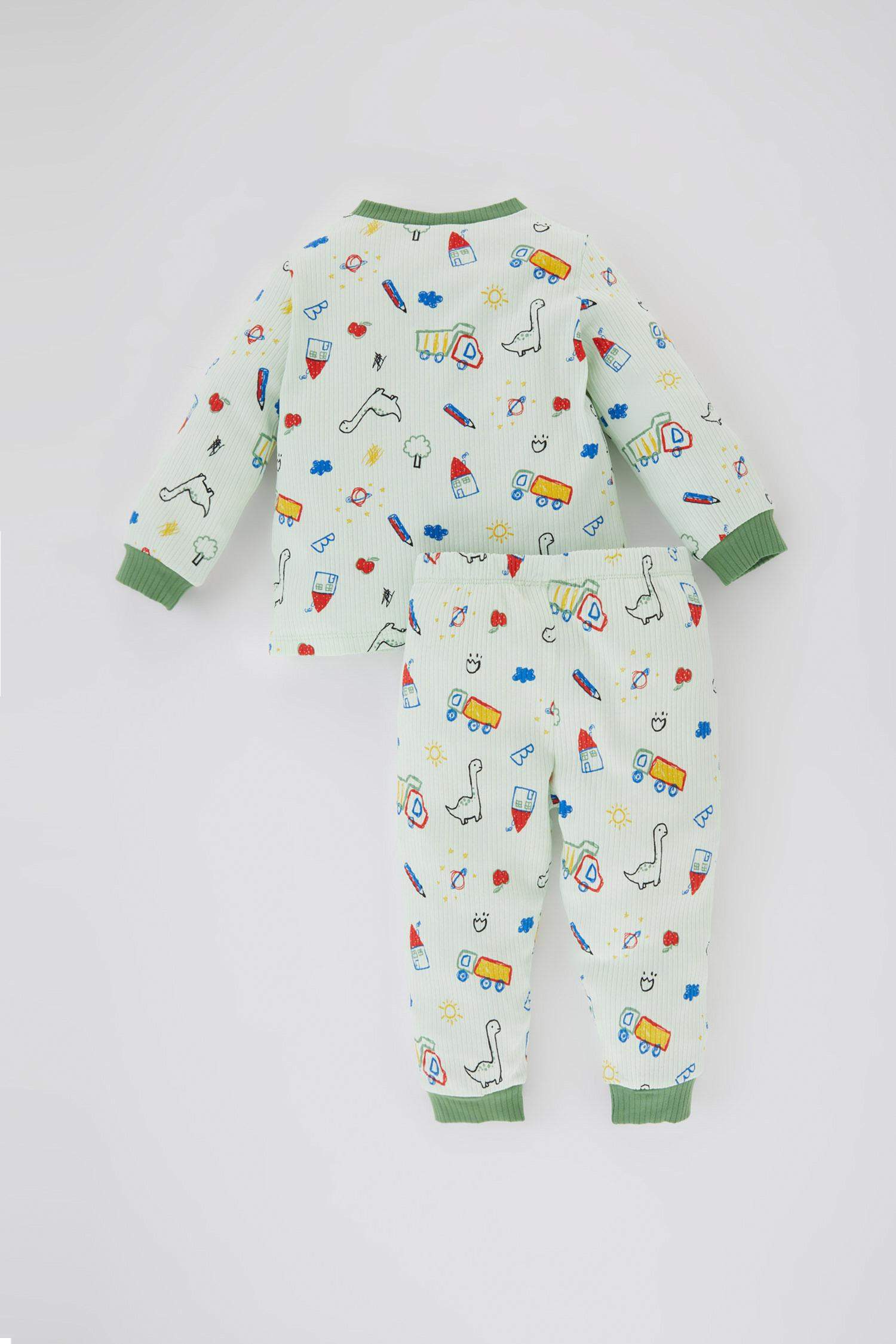 Erkek Bebek Desenli Uzun Kollu Fitilli Kaşkorse Pijama Takımı