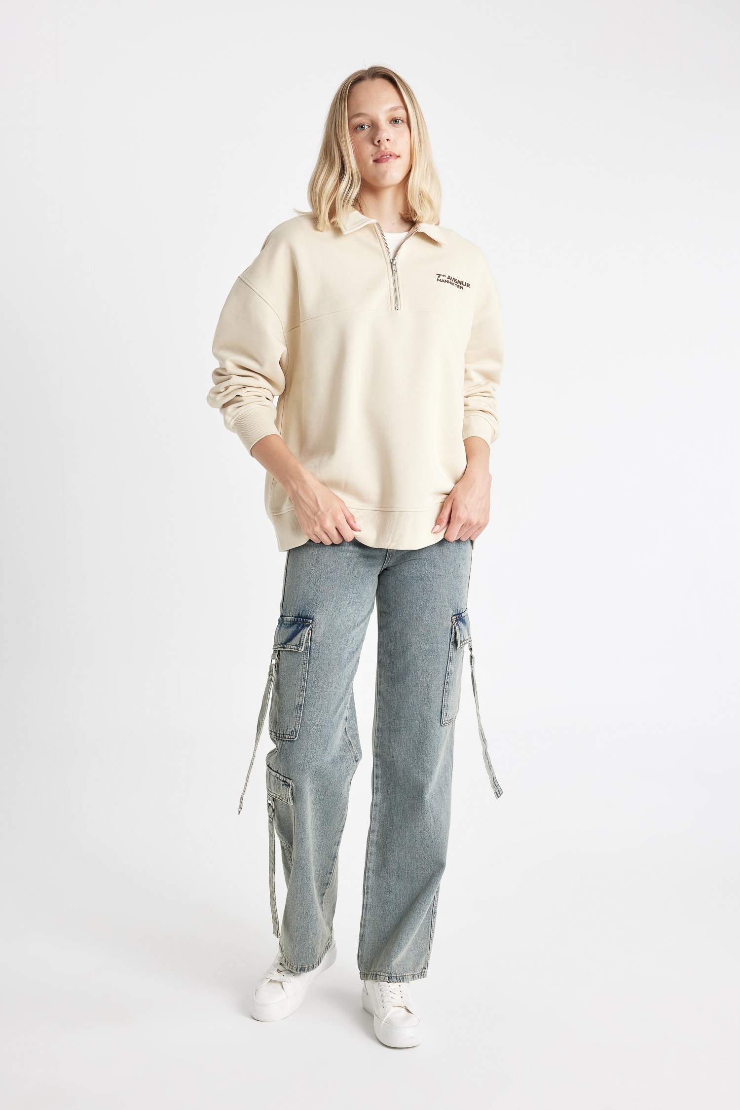 Regular Fit Fermuarlı Polo Yaka Baskılı Kalın Sweatshirt