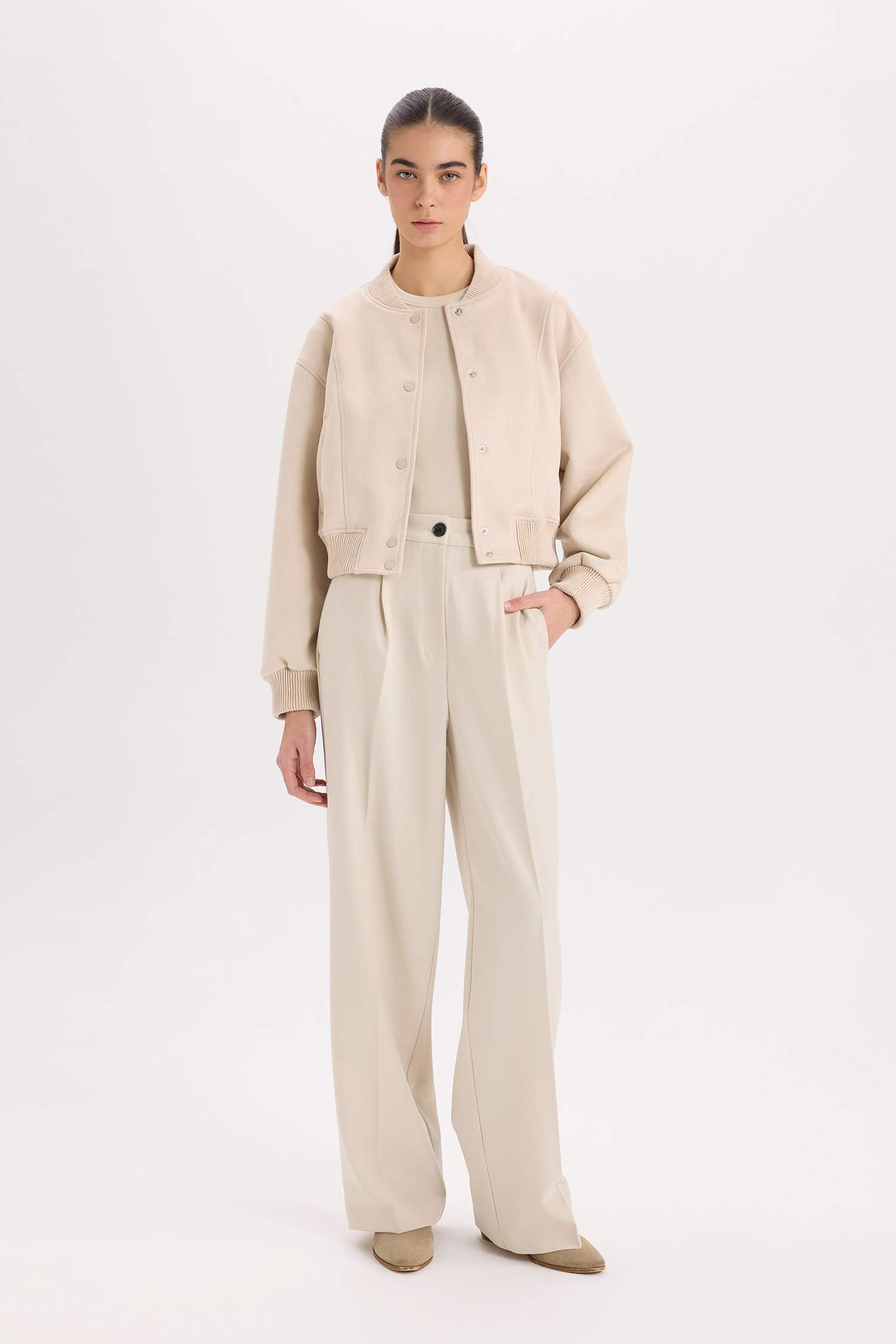 	Kolej Yaka Bomber Mont Ceket Basic Düz Çıtçıtlı Süet