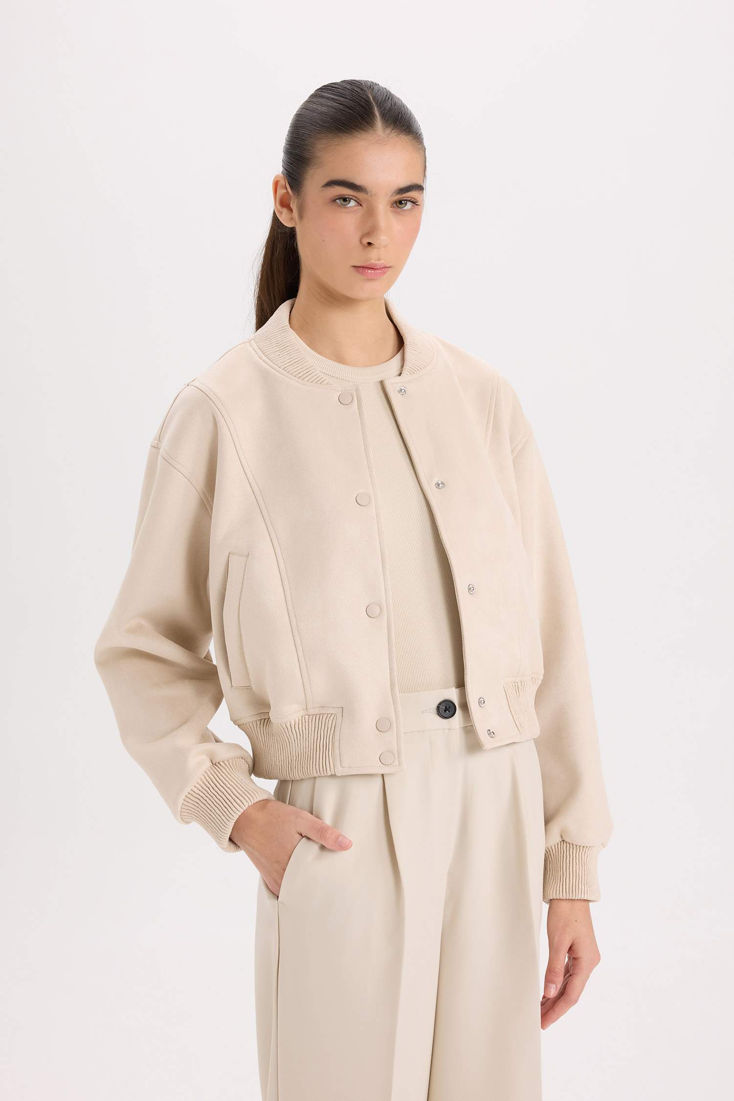 	Kolej Yaka Bomber Mont Ceket Basic Düz Çıtçıtlı Süet