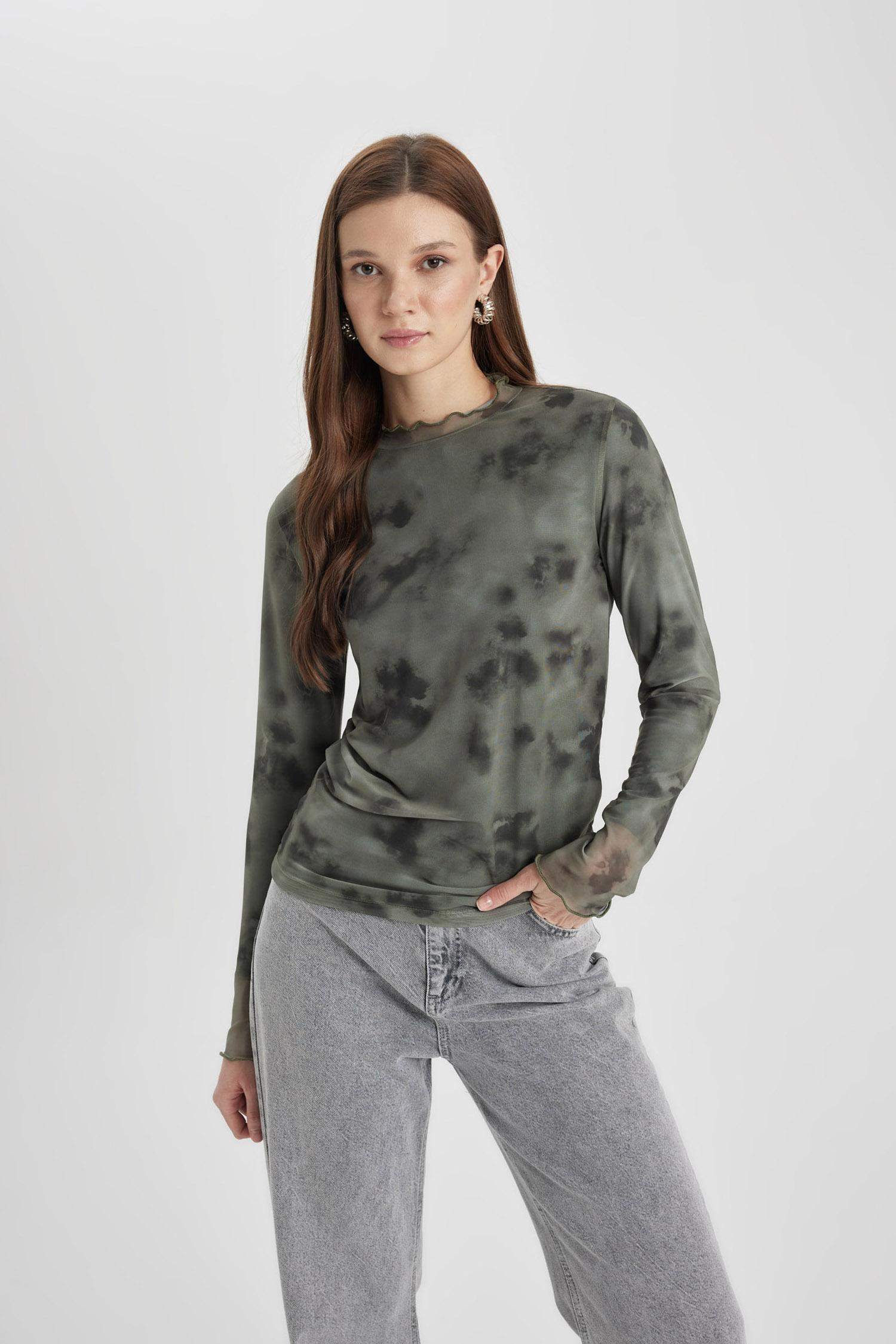 Tunique avec motifs à manches longues et col montant semi-montant